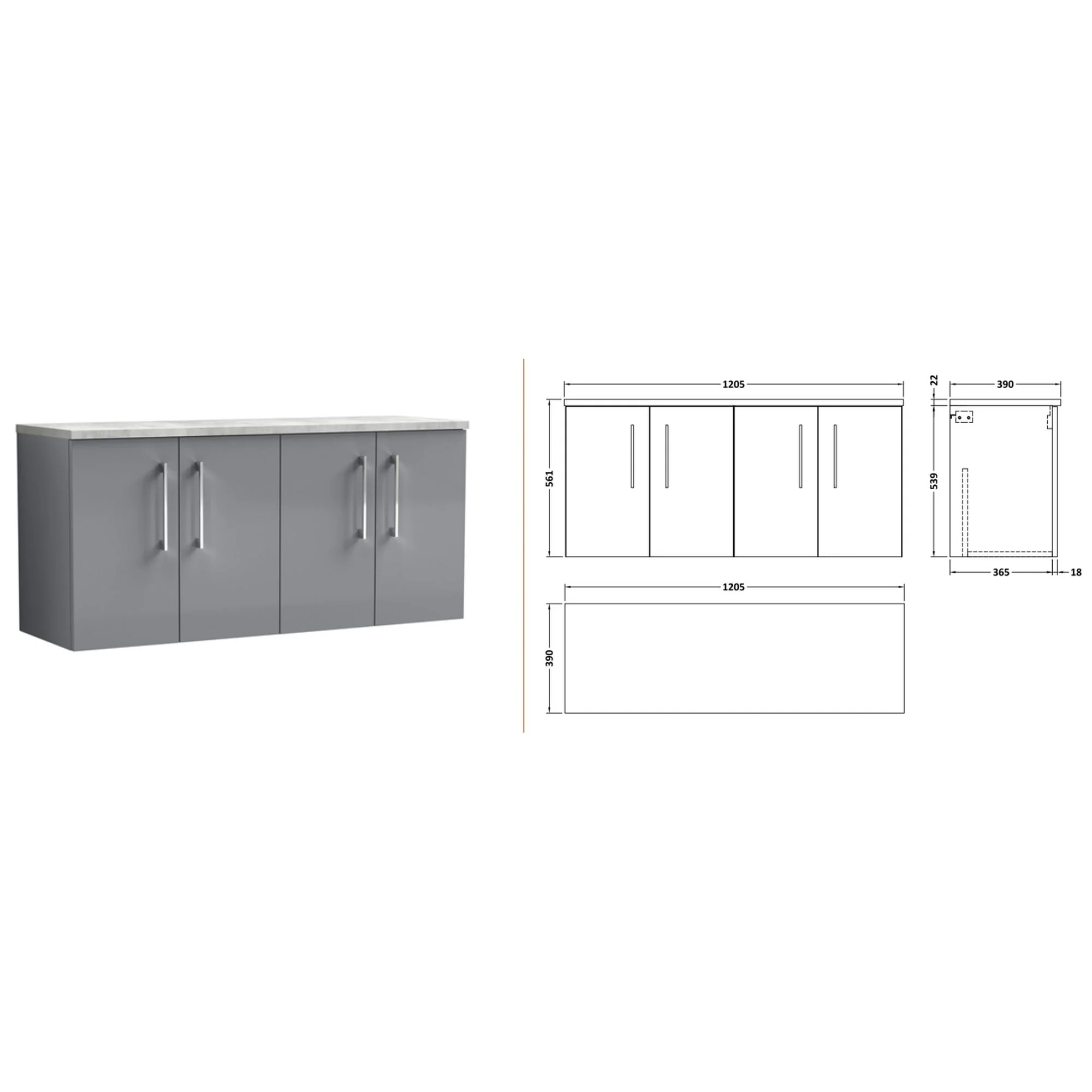 Nuie Arno 1200mm Wall Hung 4-Door Vanity & Laminate Worktop - Satin Grey (Bellato Grey Worktop) - Image 2