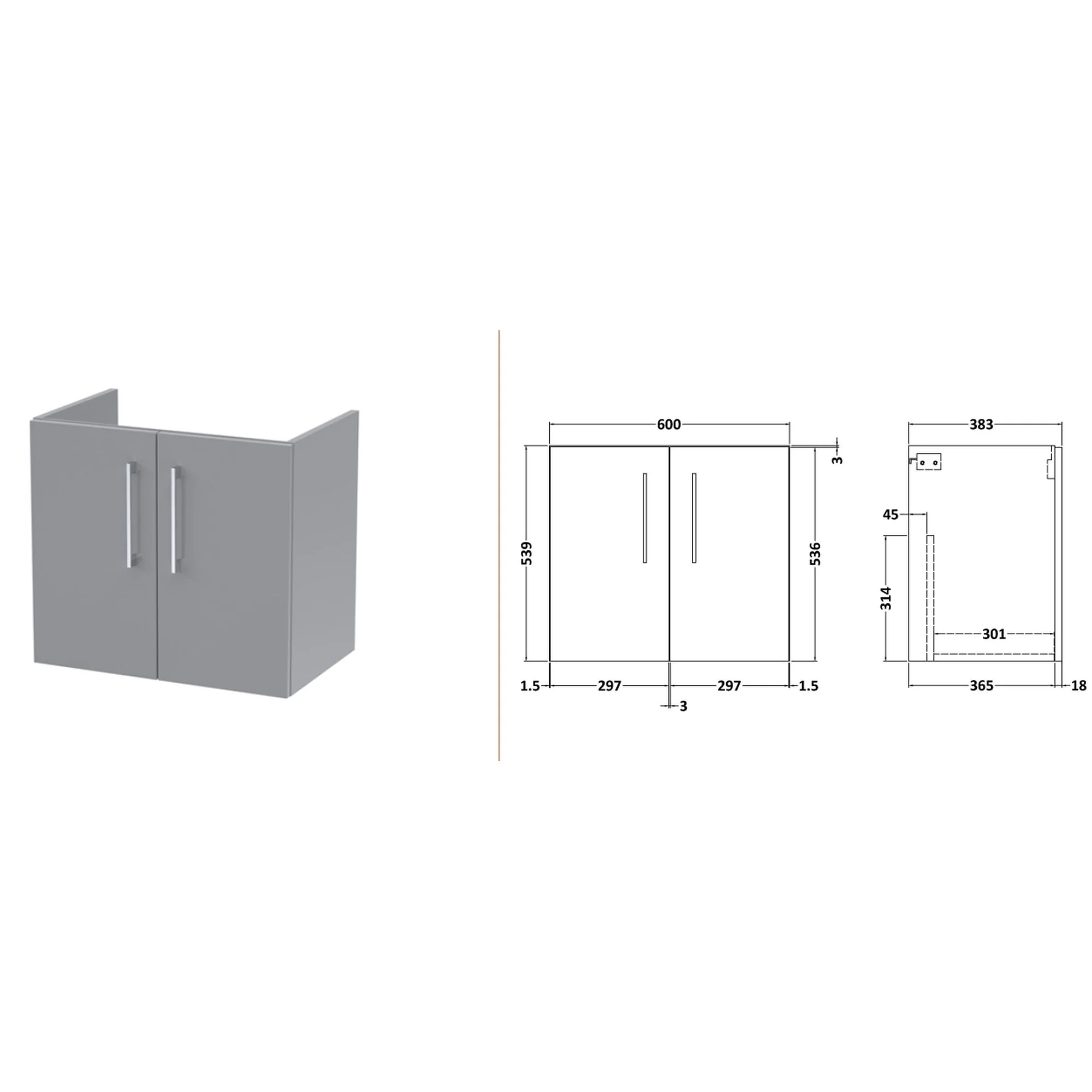 Nuie Arno 1200mm Wall Hung 4-Door Vanity & Laminate Worktop - Satin Grey (Bellato Grey Worktop) - Image 4