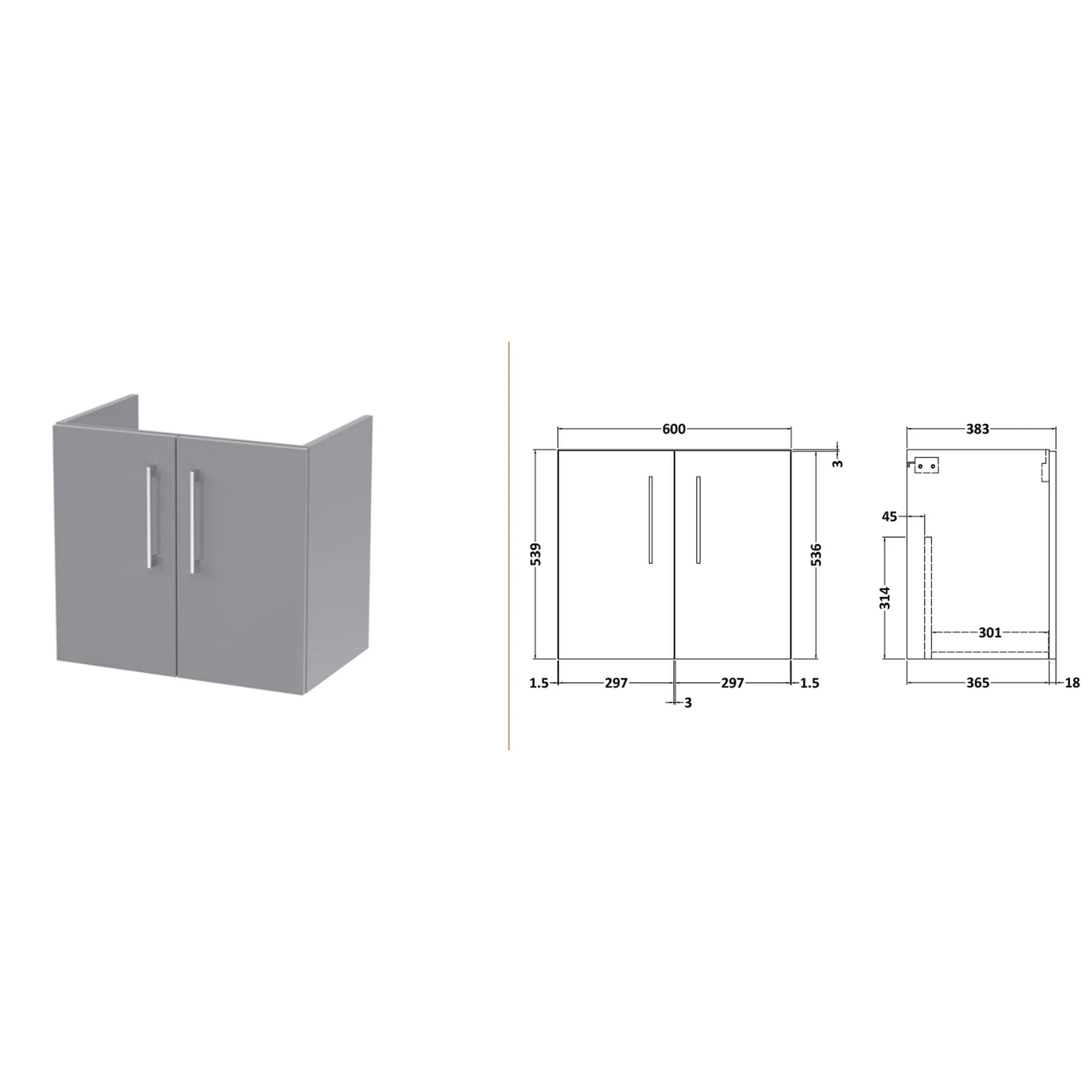 Nuie Arno 1200mm Wall Hung 4-Door Vanity & Laminate Worktop - Satin Grey (Carrera Marble Worktop) - Image 4