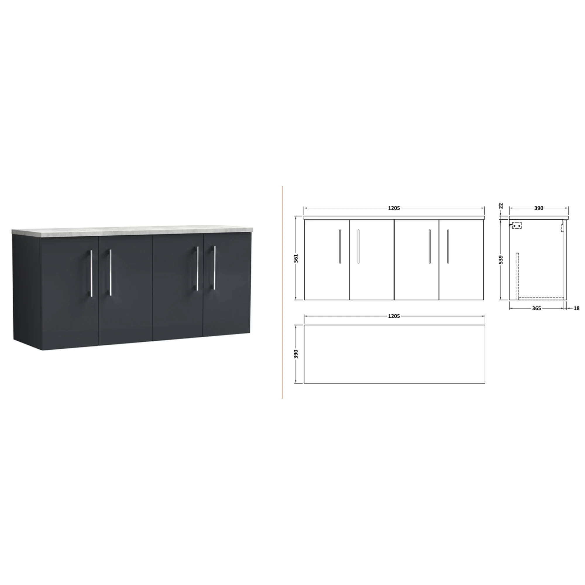 Nuie Arno 1200mm Wall Hung 4-Door Vanity & Laminate Worktop - Soft Black (Bellato Grey Worktop) - Image 2