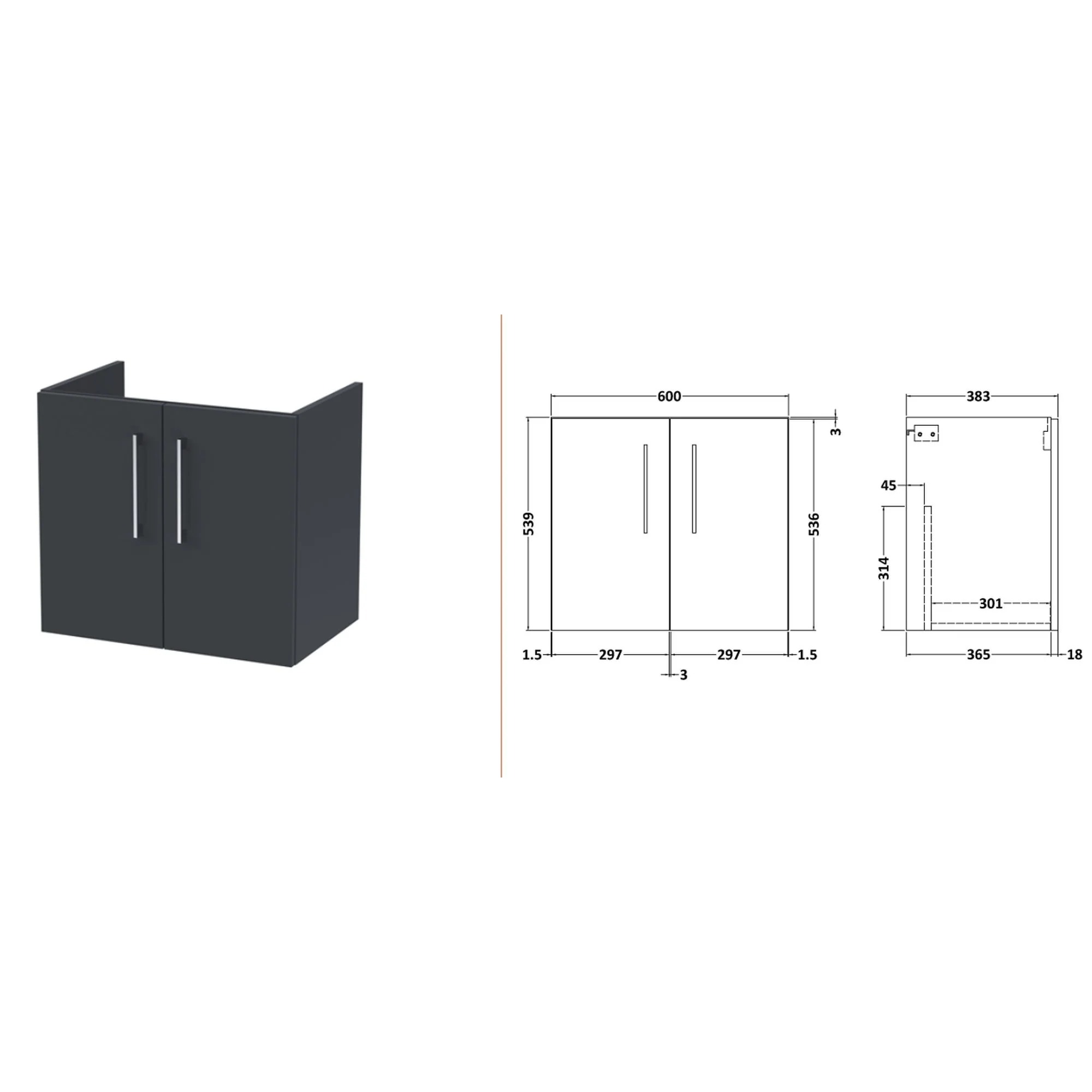 Nuie Arno 1200mm Wall Hung 4-Door Vanity & Laminate Worktop - Soft Black (Bellato Grey Worktop) - Image 4