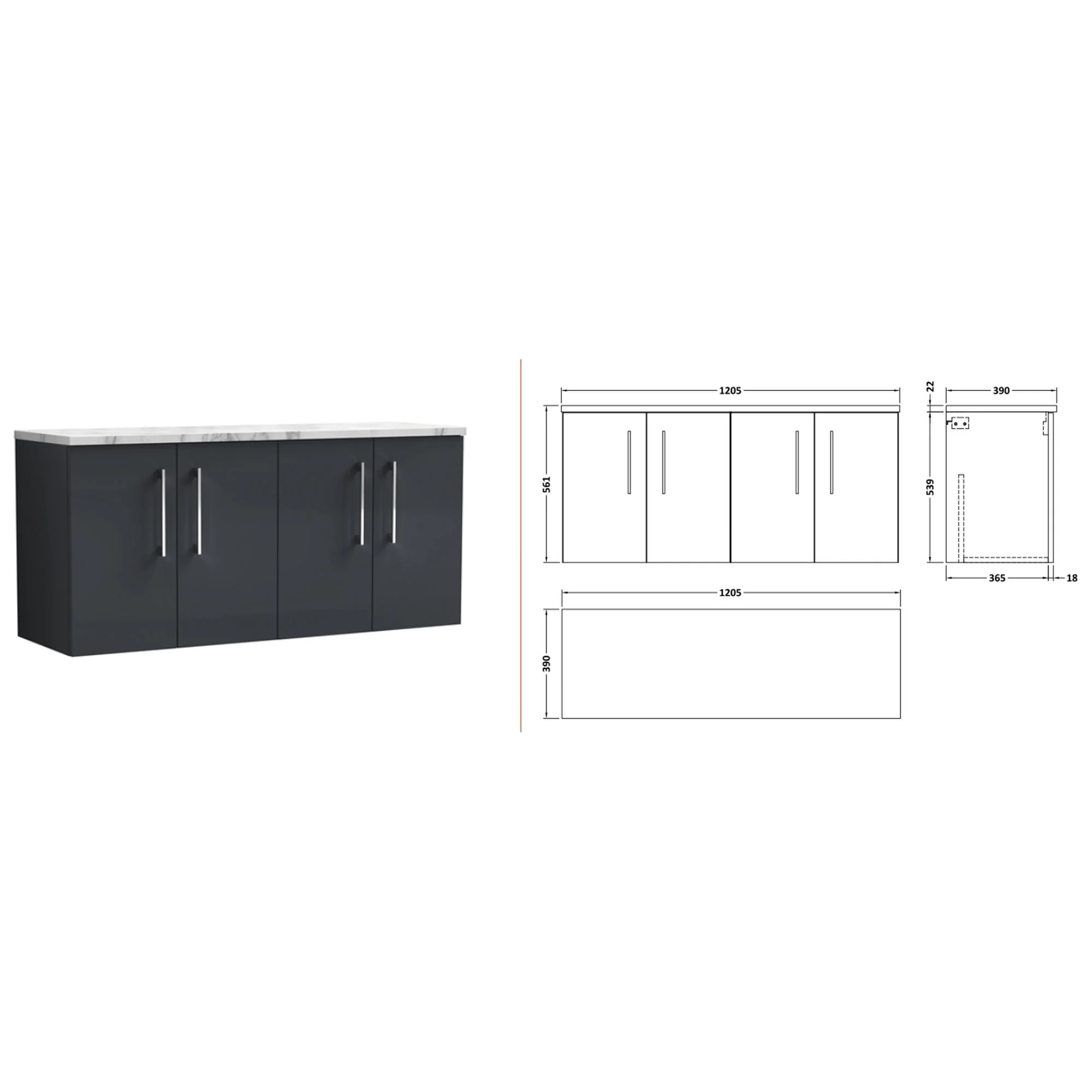 Nuie Arno 1200mm Wall Hung 4-Door Vanity & Laminate Worktop - Soft Black (Carrera Marble Worktop) - Image 2