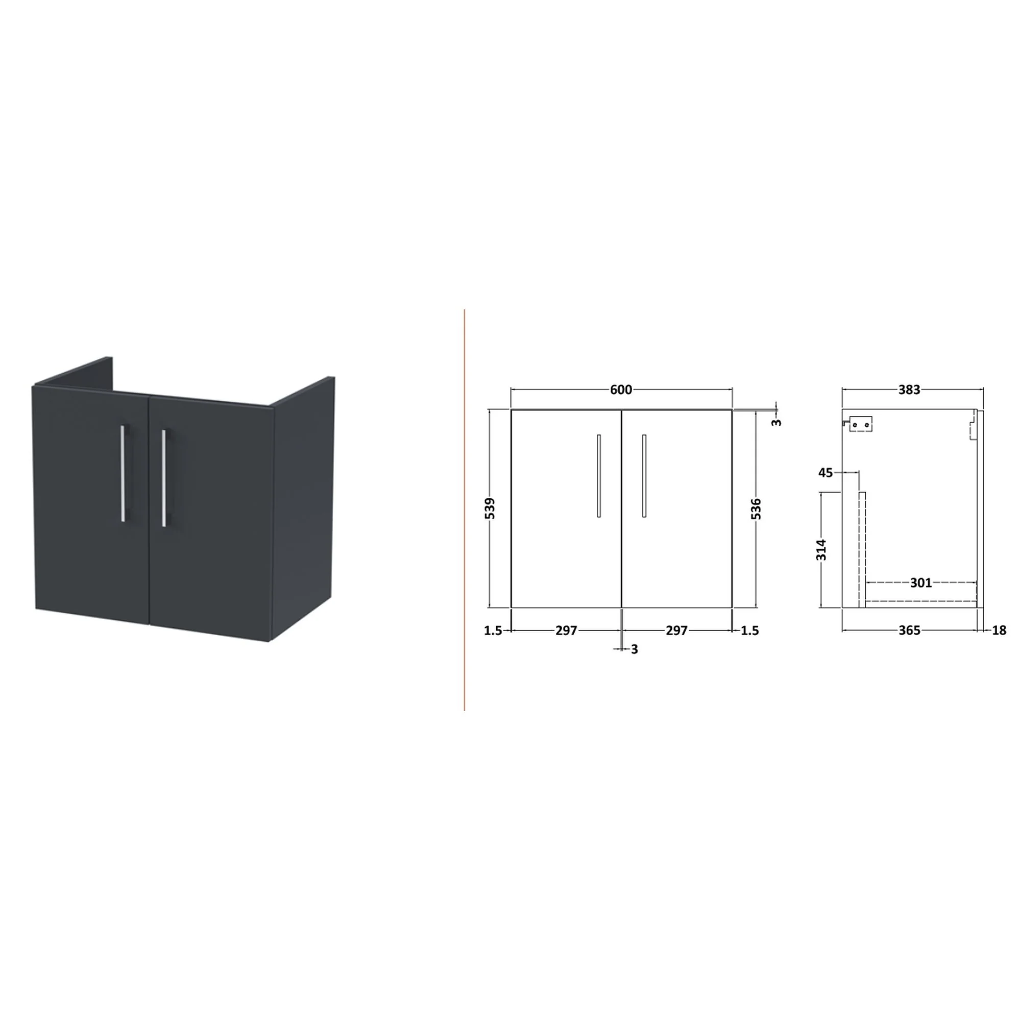 Nuie Arno 1200mm Wall Hung 4-Door Vanity & Laminate Worktop - Soft Black (Carrera Marble Worktop) - Image 4