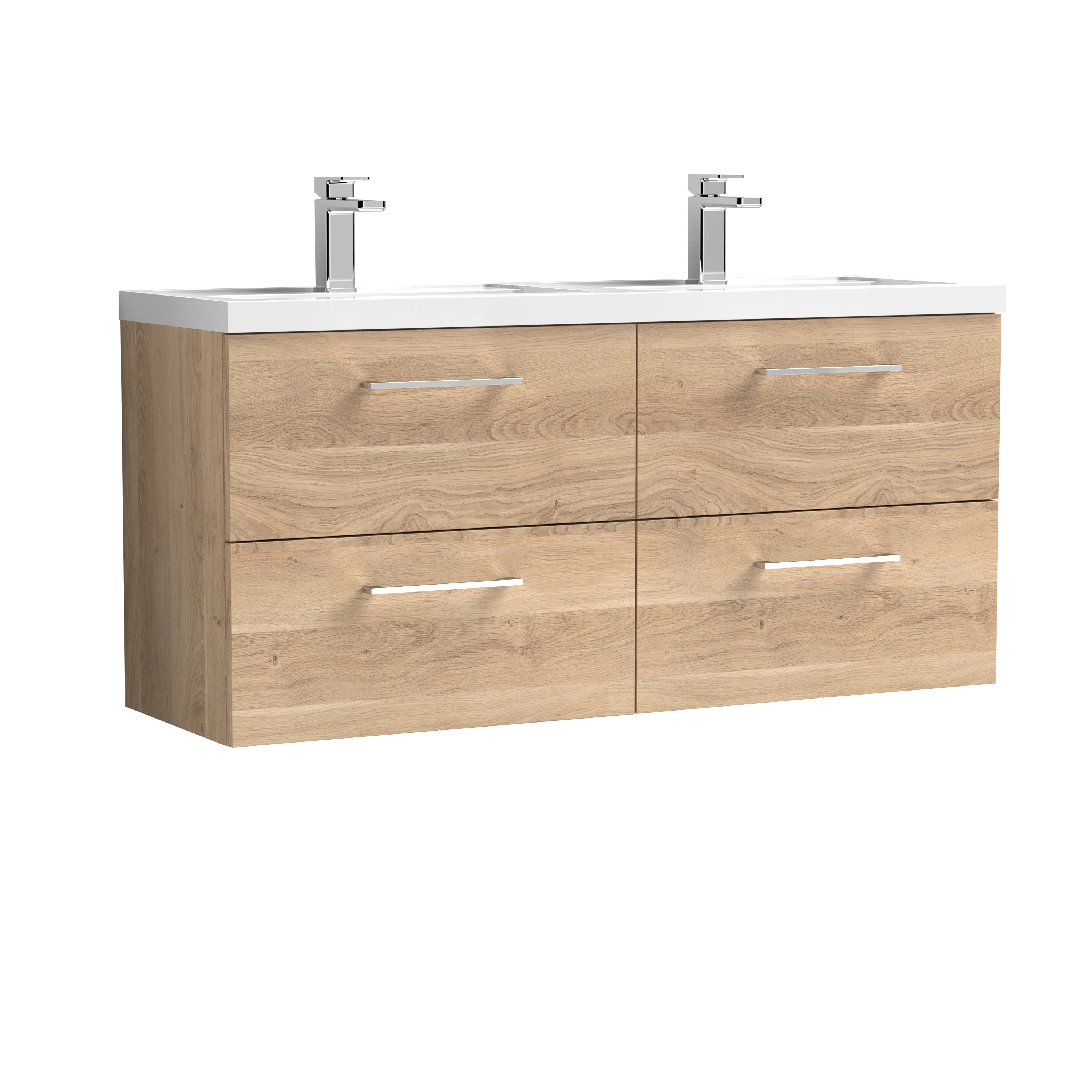 Nuie Arno 1200mm Wall Hung 4-Drawer Vanity & Double Polymarble Basin - Bleached Oak