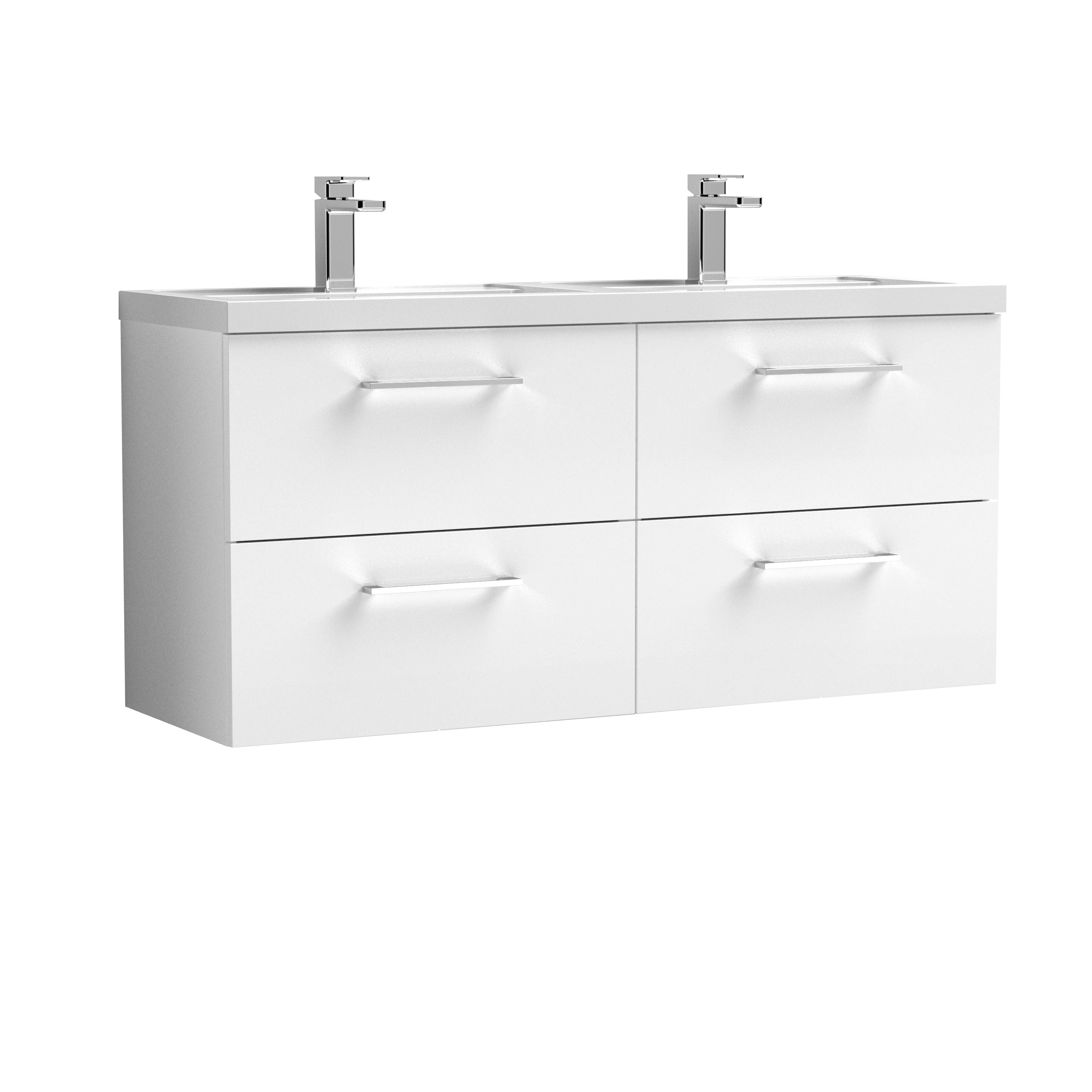 Nuie Arno 1200mm Wall Hung 4-Drawer Vanity & Double Polymarble Basin - Gloss White