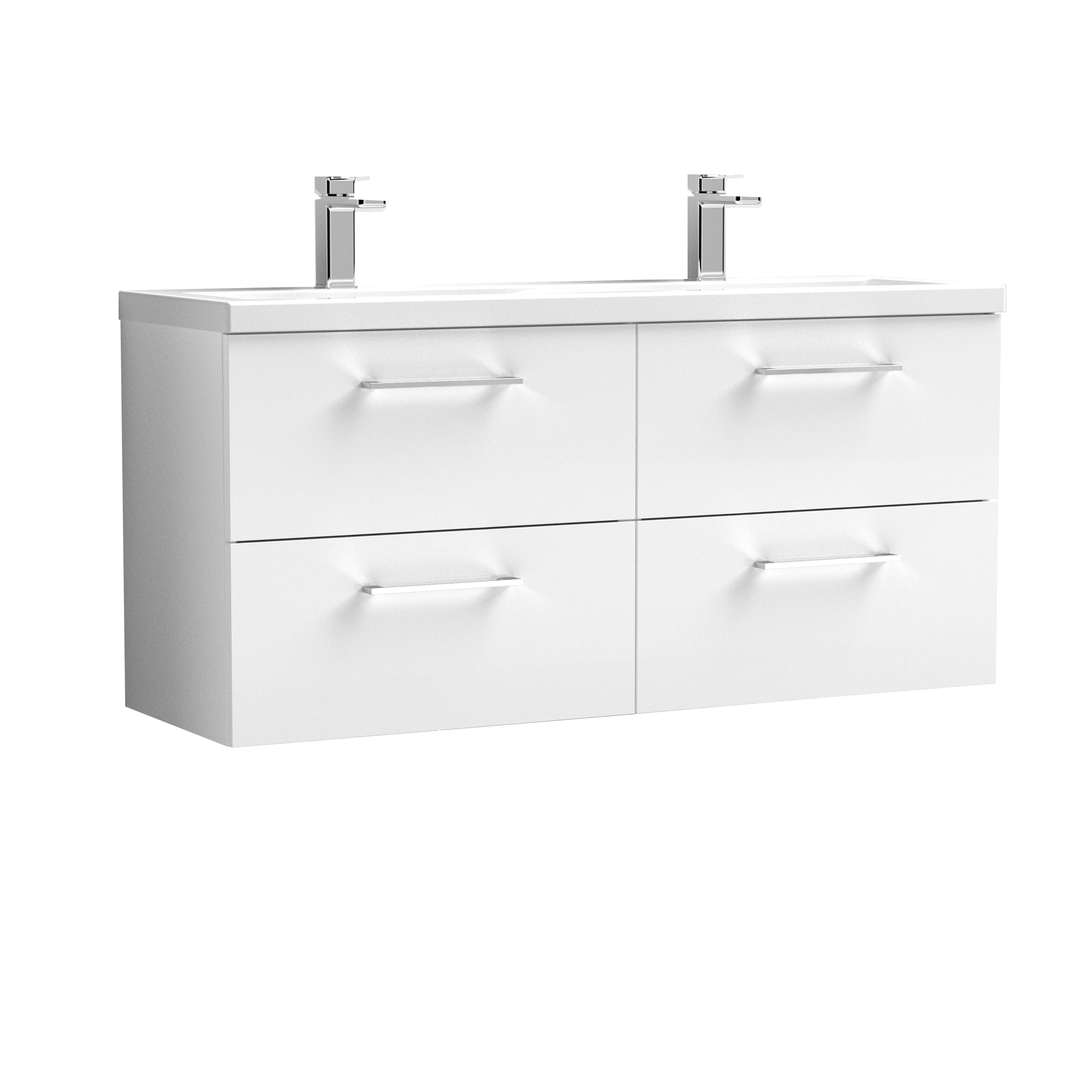 Nuie Arno 1200mm Wall Hung 4-Drawer Vanity & Double Ceramic Basin - Gloss White