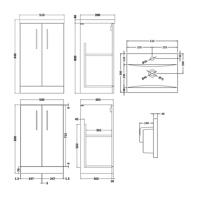 Nuie Arno 500mm Floor Standing 2-Door Vanity & Basin 2 - Anthracite Woodgrain - Image 3