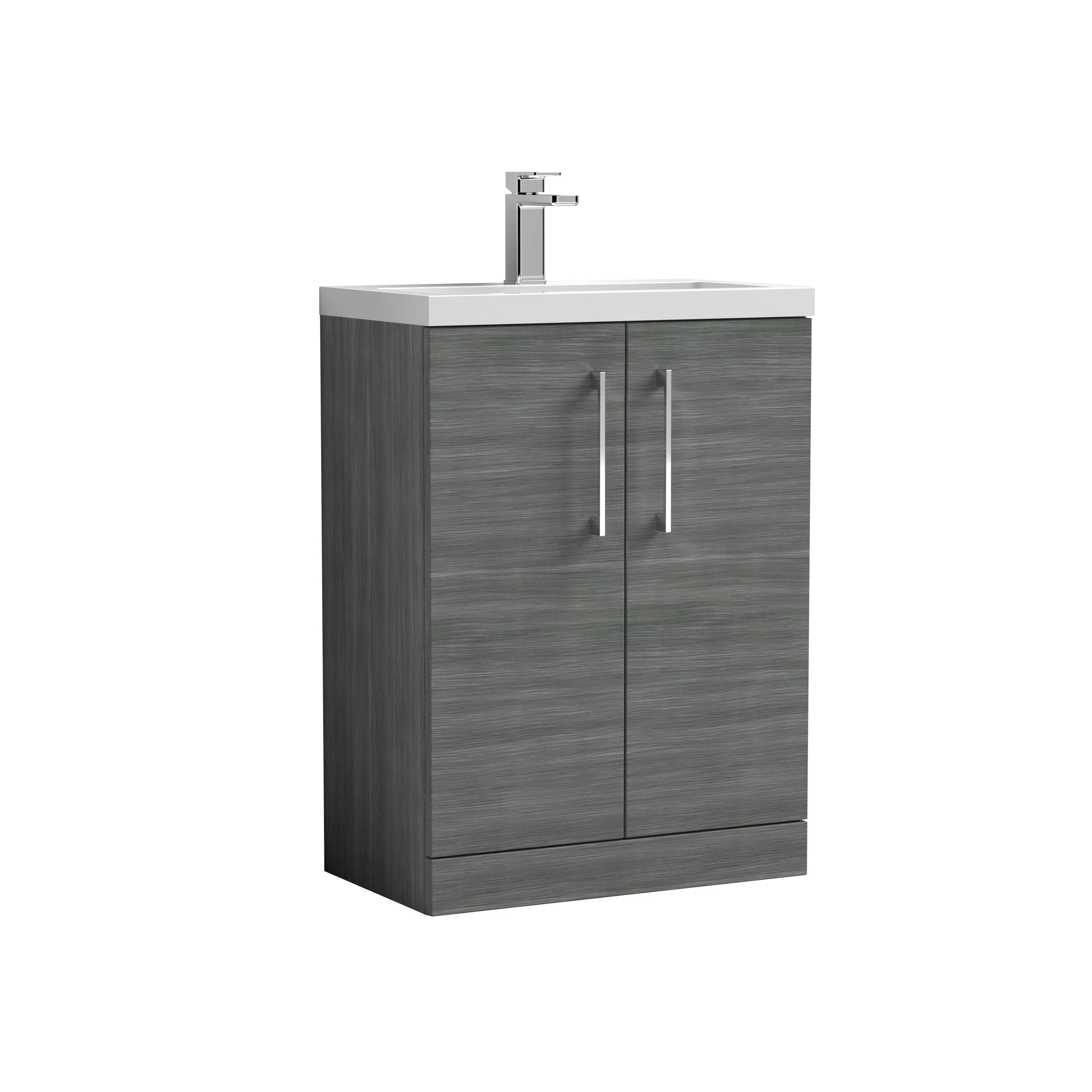 Nuie Arno Compact 600mm Floor Standing 2-Door Vanity & Ceramic Basin - Anthracite Woodgrain