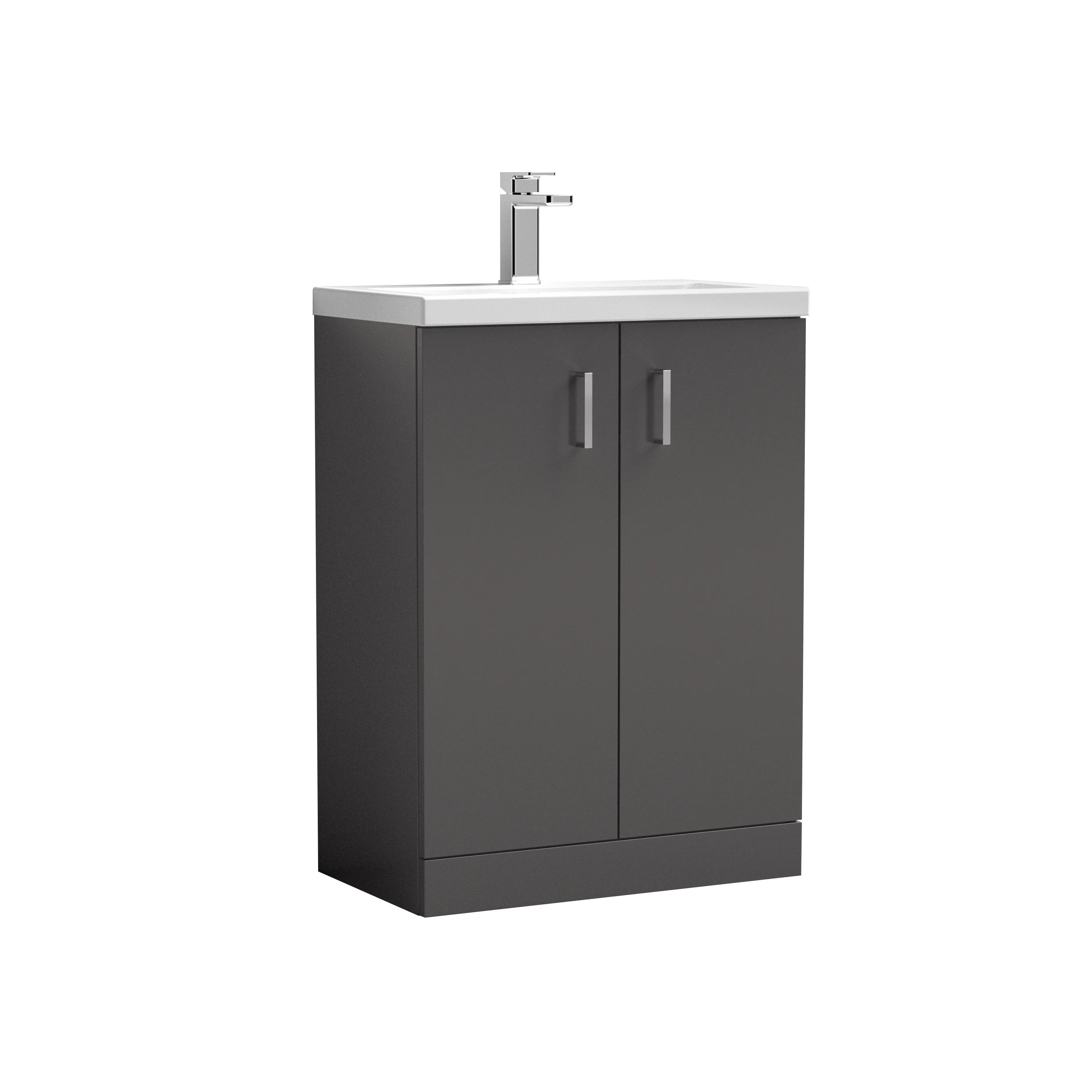 Nuie Arno Compact 600mm Floor Standing 2-Door Vanity & Ceramic Basin - Gloss Grey