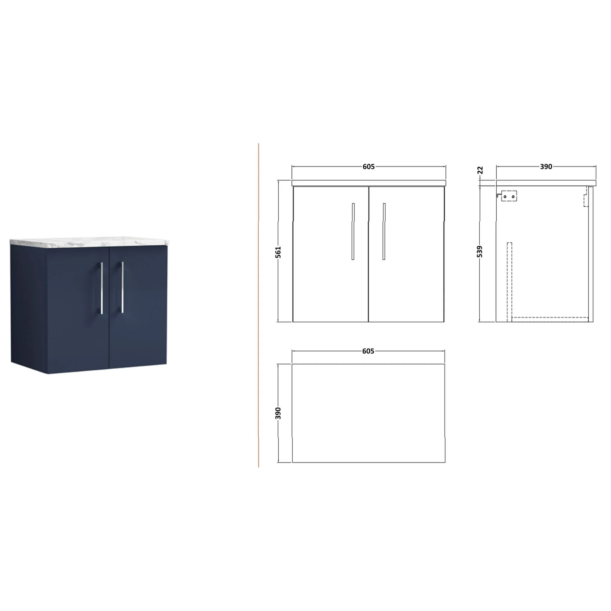 Nuie Arno 600mm Wall Hung 2-Door Vanity & Laminate Worktop - Midnight Blue - Image 2