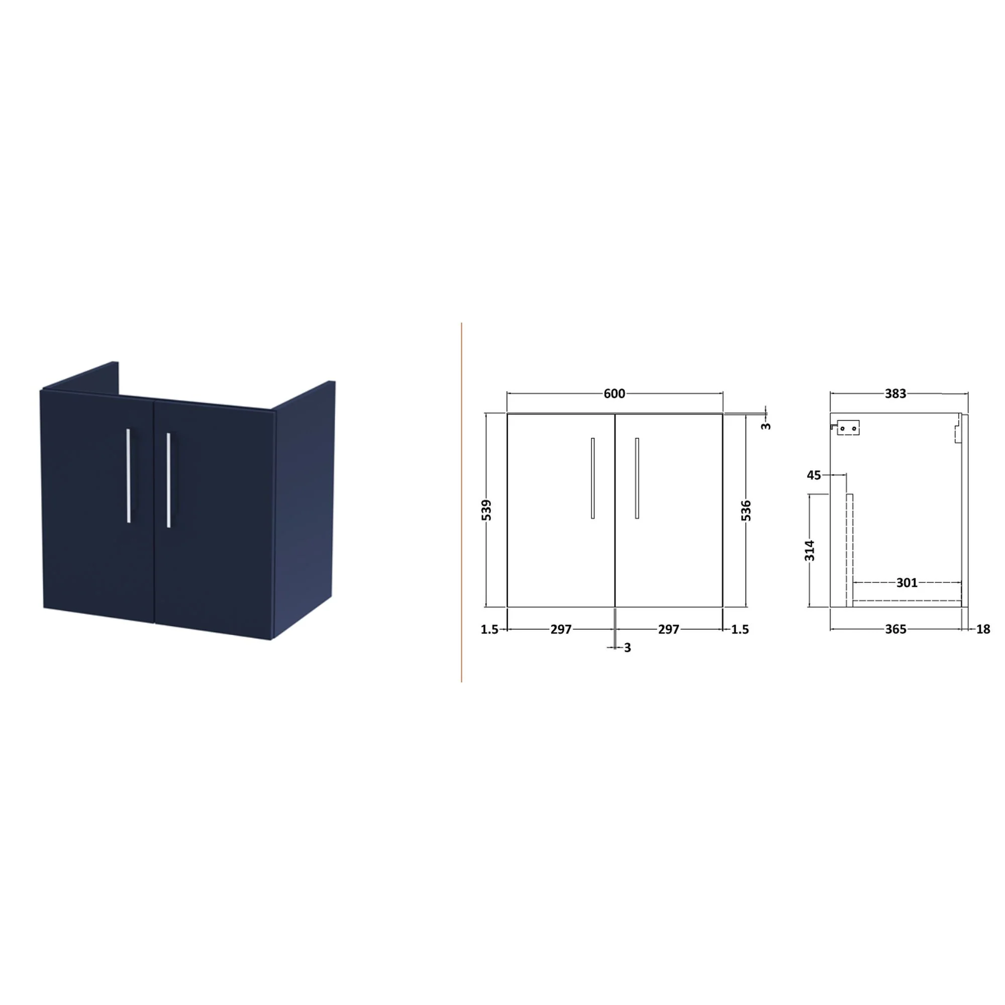 Nuie Arno 600mm Wall Hung 2-Door Vanity & Laminate Worktop - Midnight Blue - Image 4
