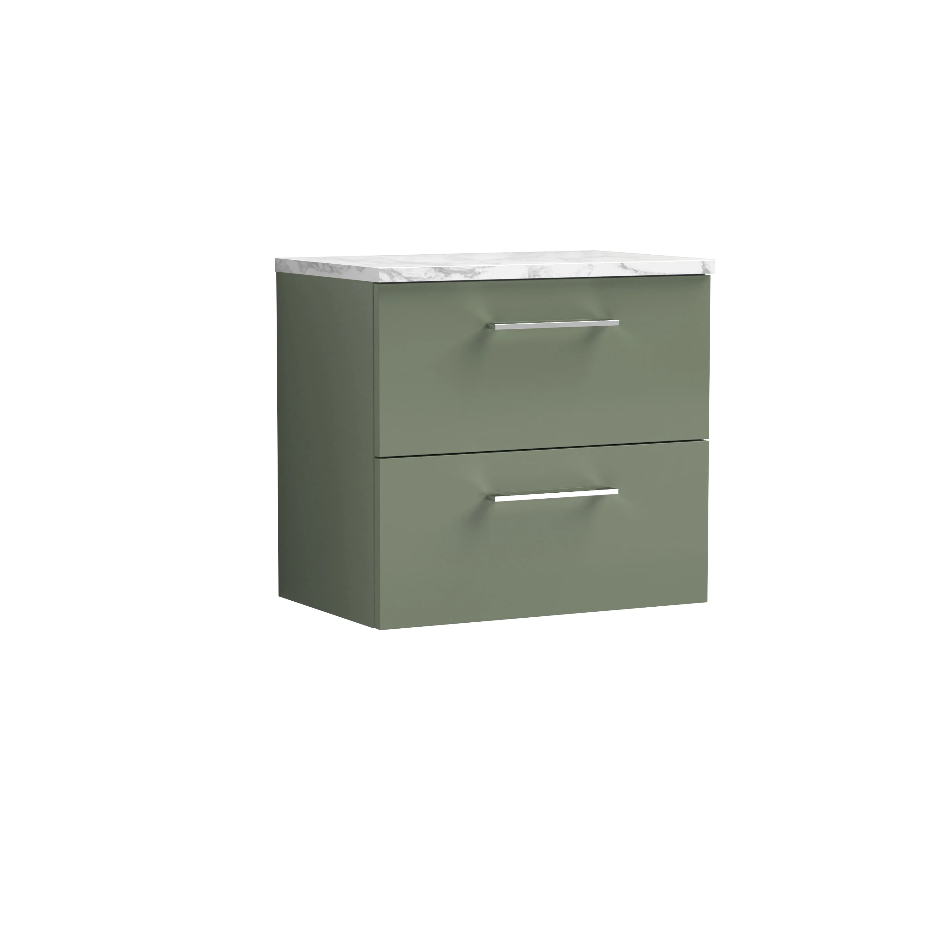 Nuie Arno 600mm Wall Hung 2-Drawer Vanity & Laminate Worktop - Satin Green