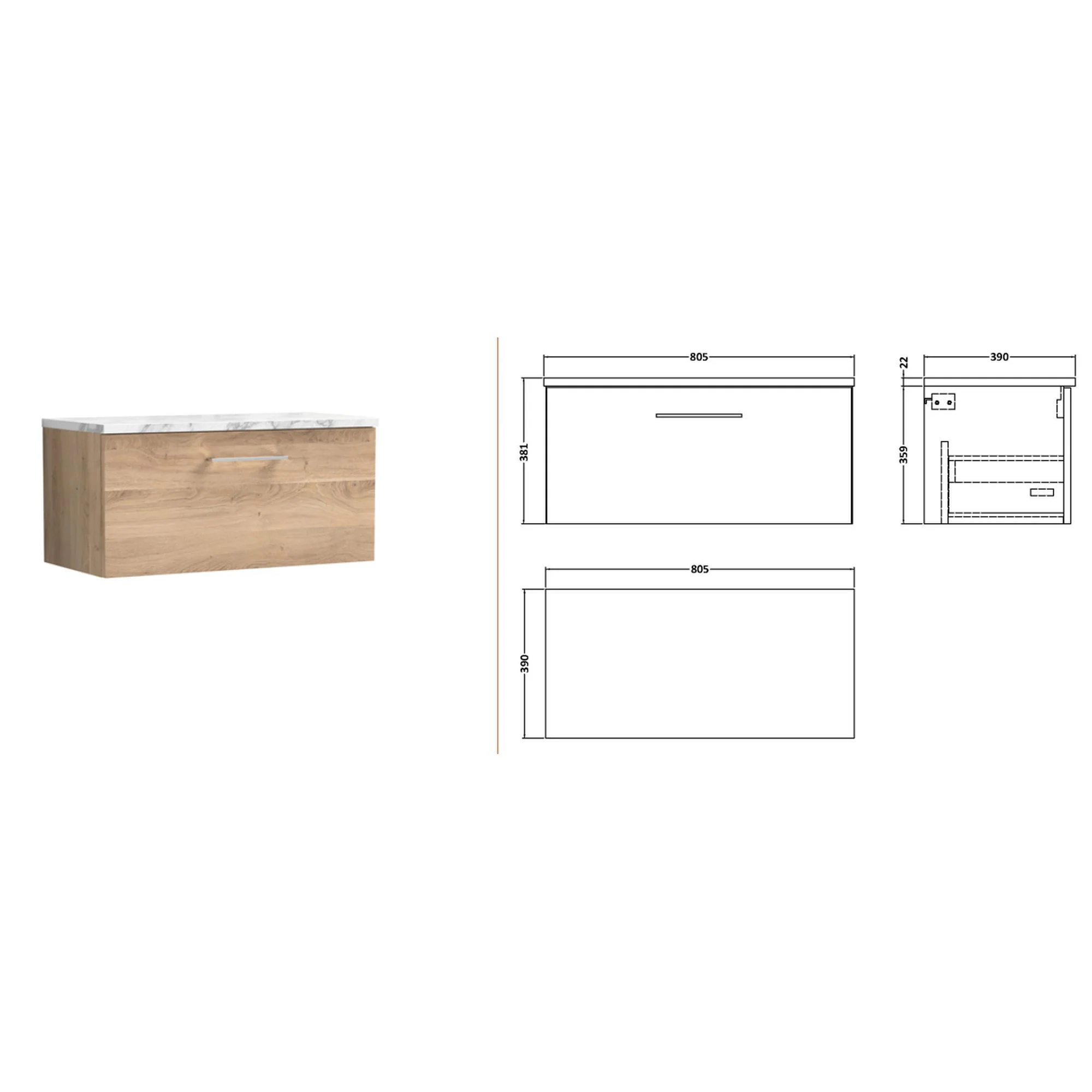 Nuie Arno 800mm Wall Hung 1-Drawer Vanity & Laminate Worktop - Bleached Oak - Image 2