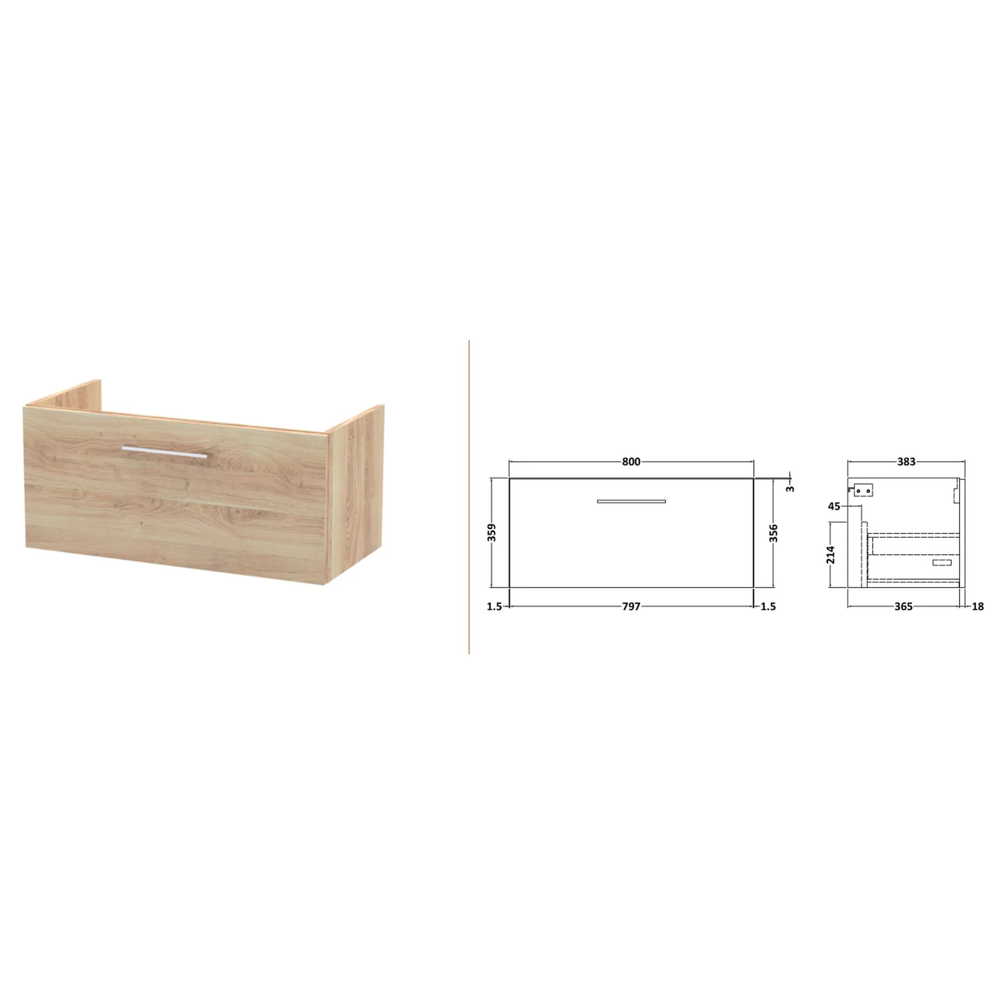 Nuie Arno 800mm Wall Hung 1-Drawer Vanity & Laminate Worktop - Bleached Oak - Image 4