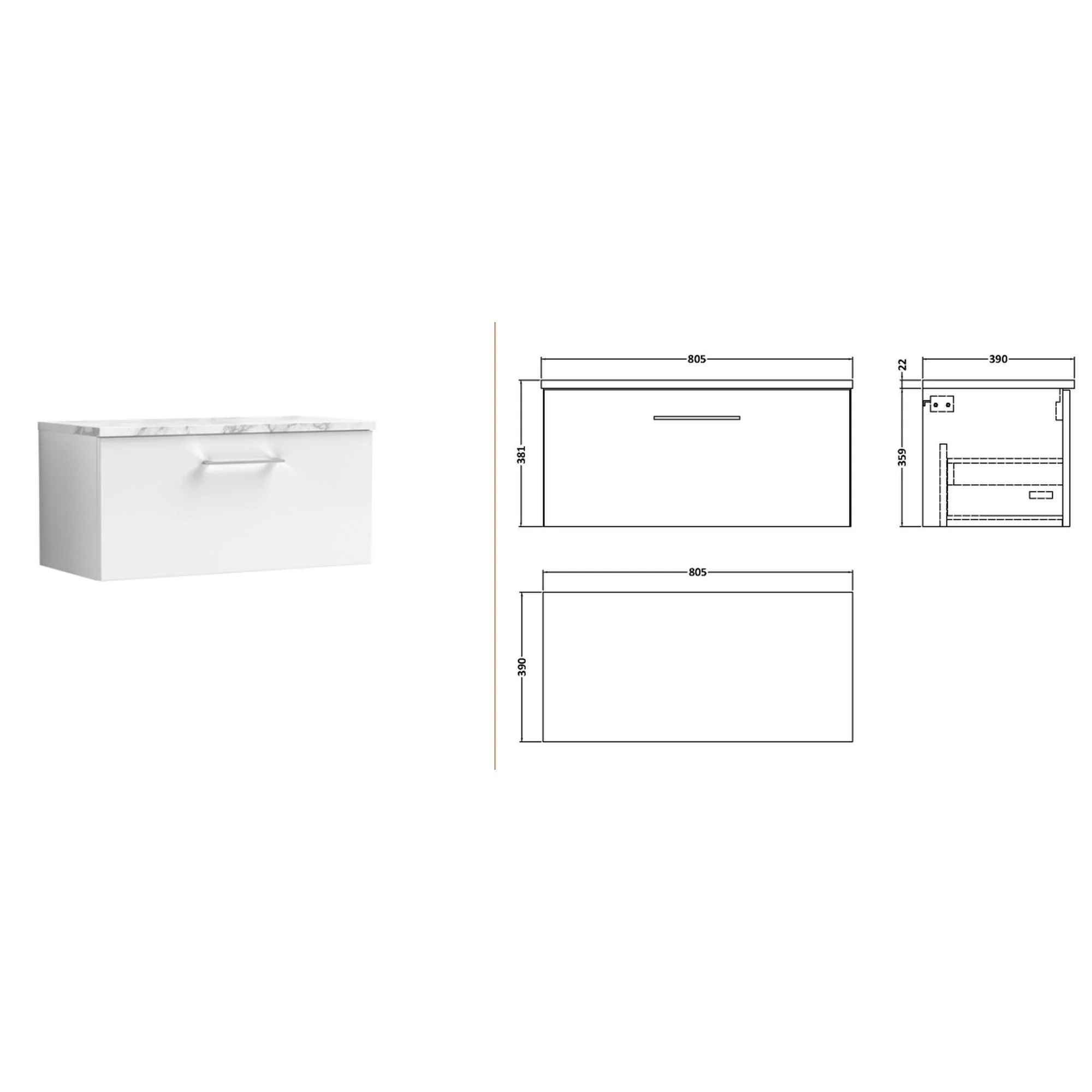 Nuie Arno 800mm Wall Hung 1-Drawer Vanity & Laminate Worktop - Gloss White - Image 2