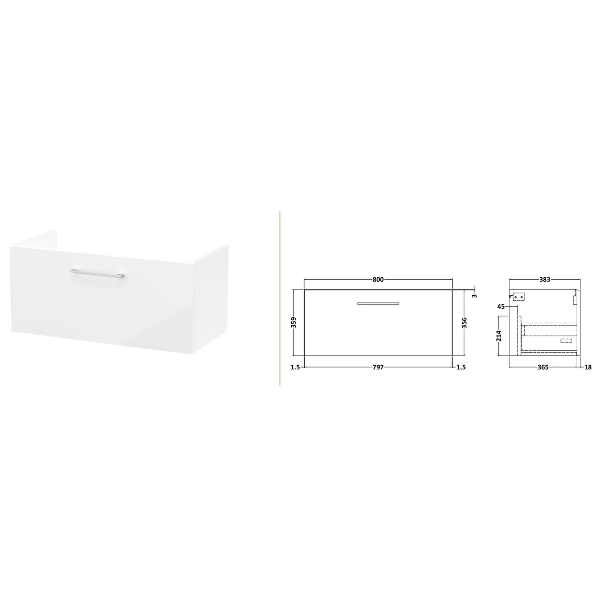 Nuie Arno 800mm Wall Hung 1-Drawer Vanity & Laminate Worktop - Gloss White - Image 4