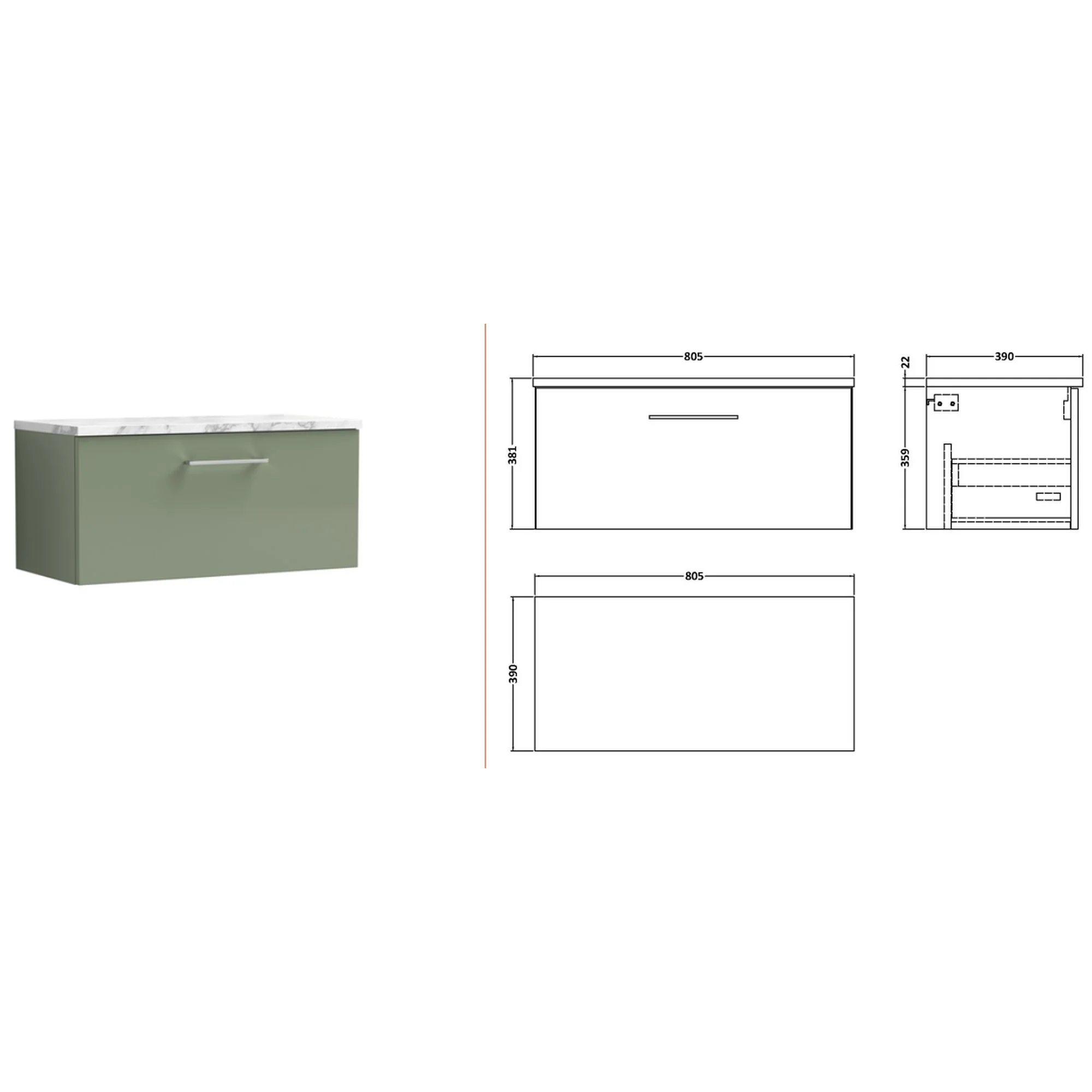 Nuie Arno 800mm Wall Hung 1-Drawer Vanity & Laminate Worktop - Satin Green - Image 2