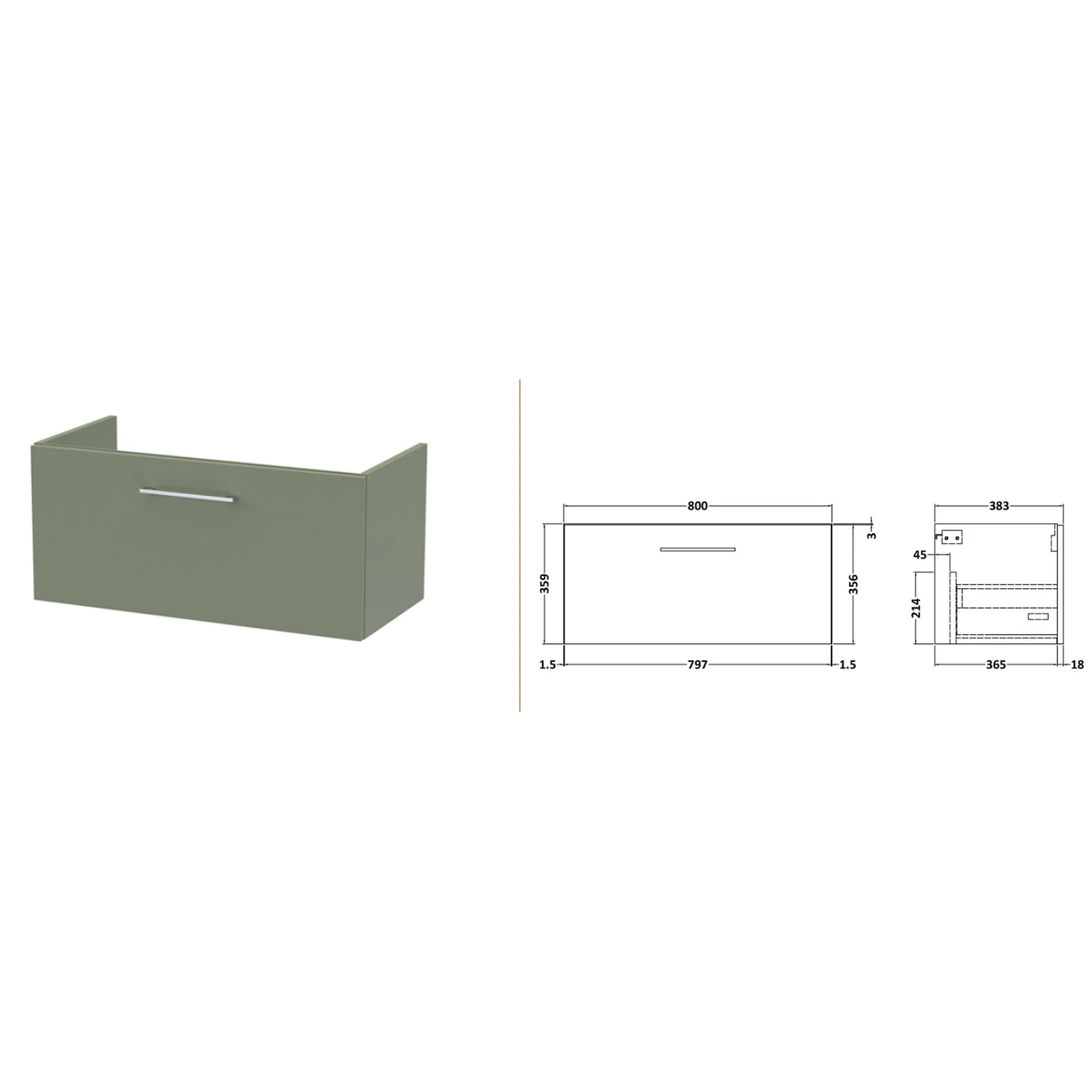 Nuie Arno 800mm Wall Hung 1-Drawer Vanity & Laminate Worktop - Satin Green - Image 4