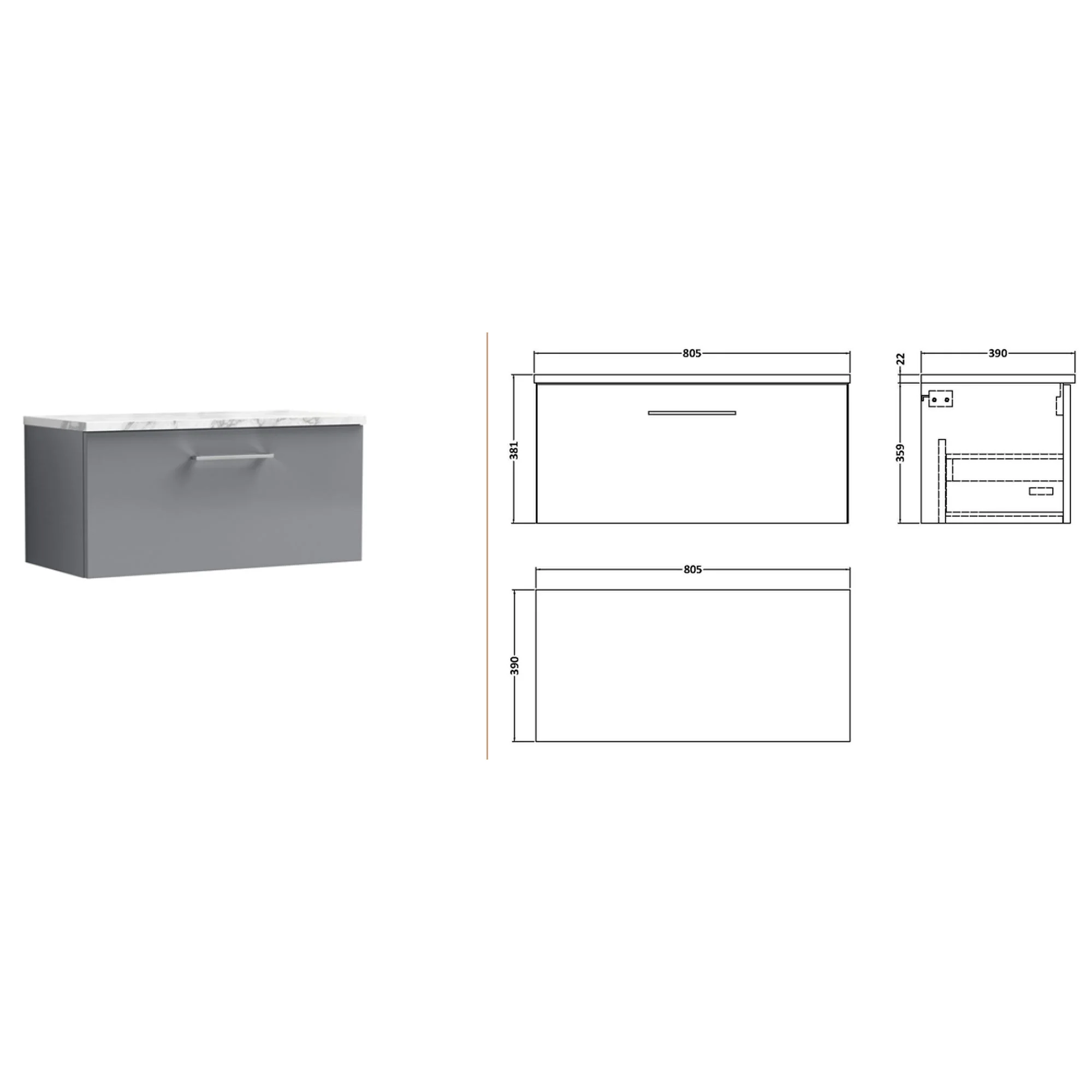 Nuie Arno 800mm Wall Hung 1-Drawer Vanity & Laminate Worktop - Satin Grey - Image 2