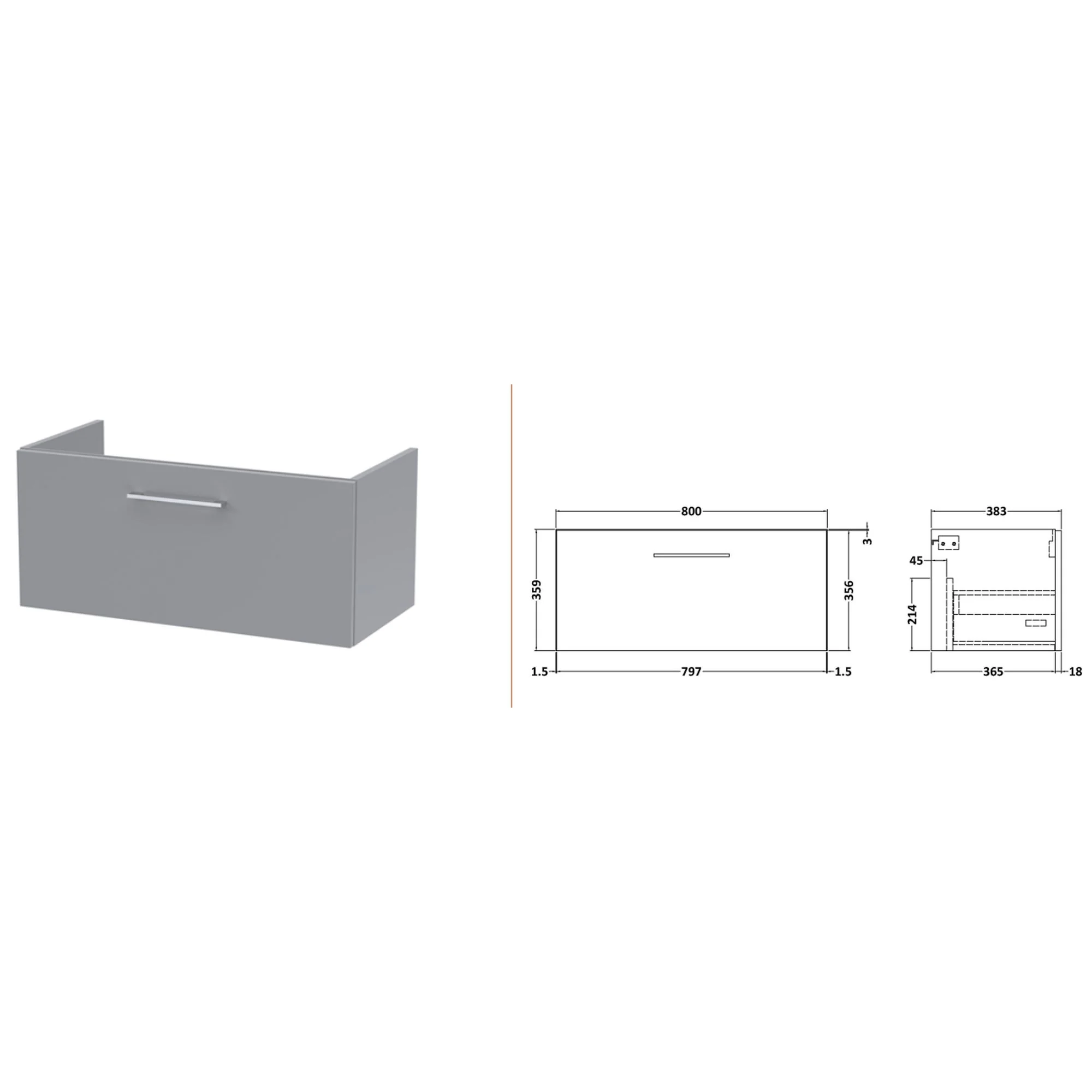 Nuie Arno 800mm Wall Hung 1-Drawer Vanity & Laminate Worktop - Satin Grey - Image 4