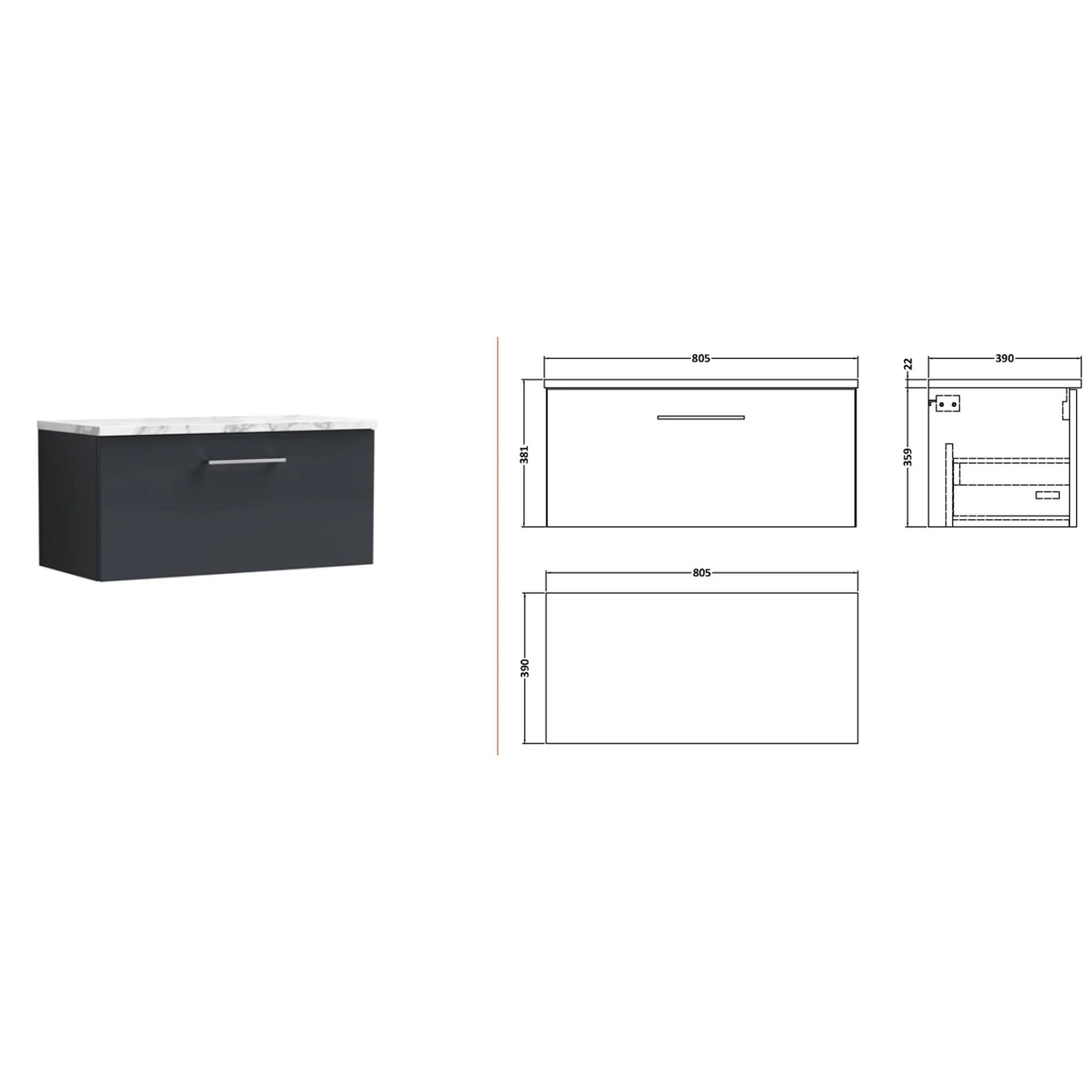 Nuie Arno 800mm Wall Hung 1-Drawer Vanity & Laminate Worktop - Soft Black - Image 2