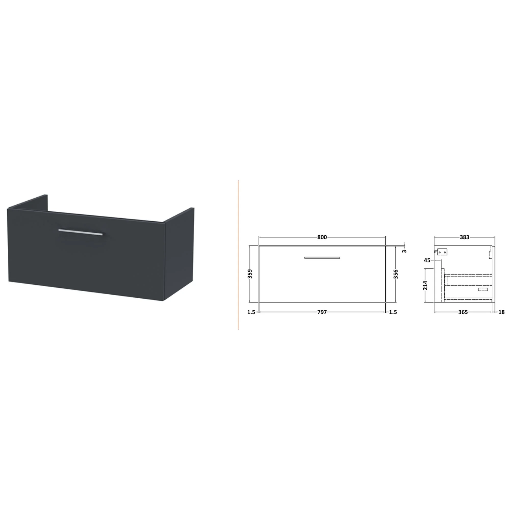 Nuie Arno 800mm Wall Hung 1-Drawer Vanity & Laminate Worktop - Soft Black - Image 4