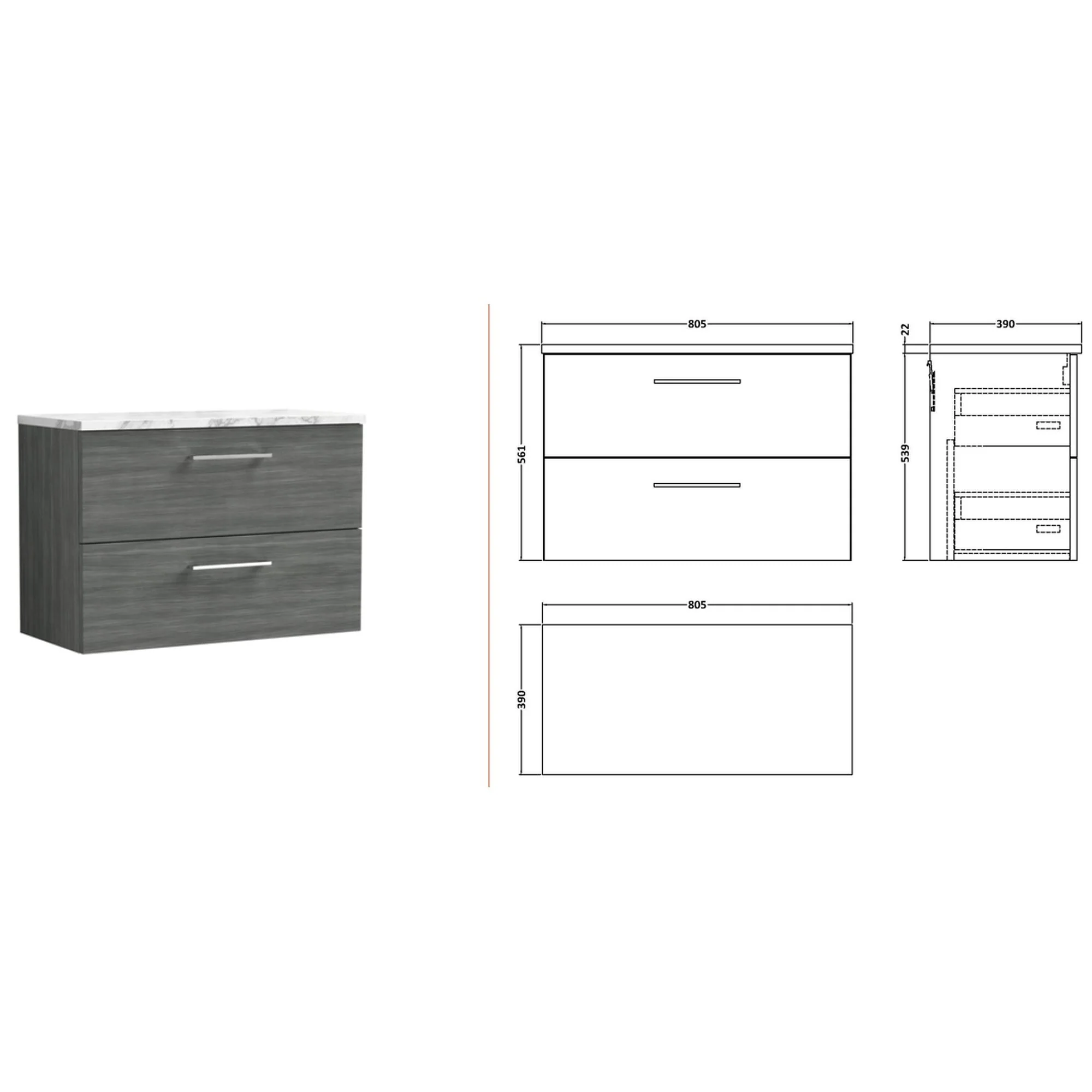 Nuie Arno 800mm Wall Hung 2-Drawer Vanity & Laminate Worktop - Anthracite Woodgrain - Image 2