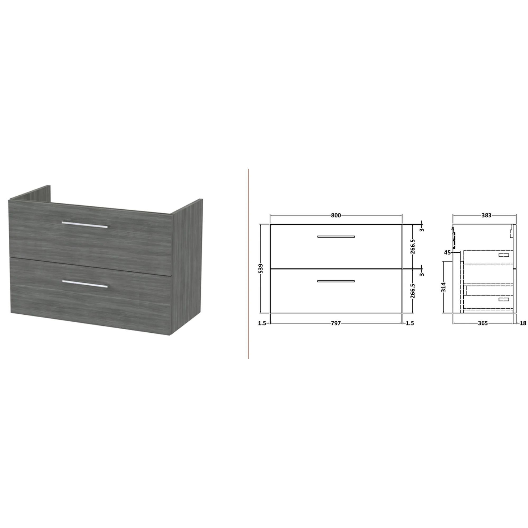 Nuie Arno 800mm Wall Hung 2-Drawer Vanity & Laminate Worktop - Anthracite Woodgrain - Image 4