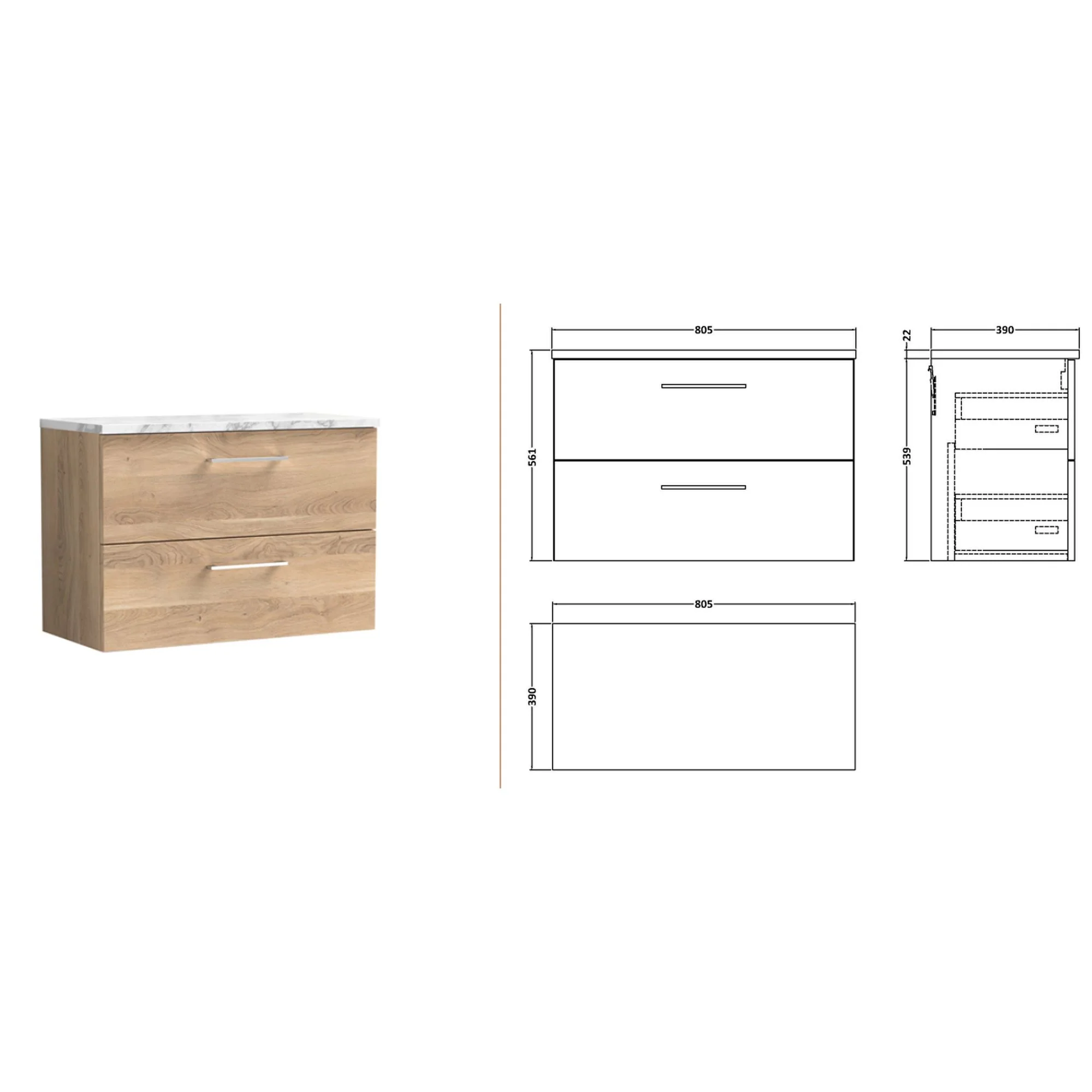 Nuie Arno 800mm Wall Hung 2-Drawer Vanity & Laminate Worktop - Bleached Oak - Image 2