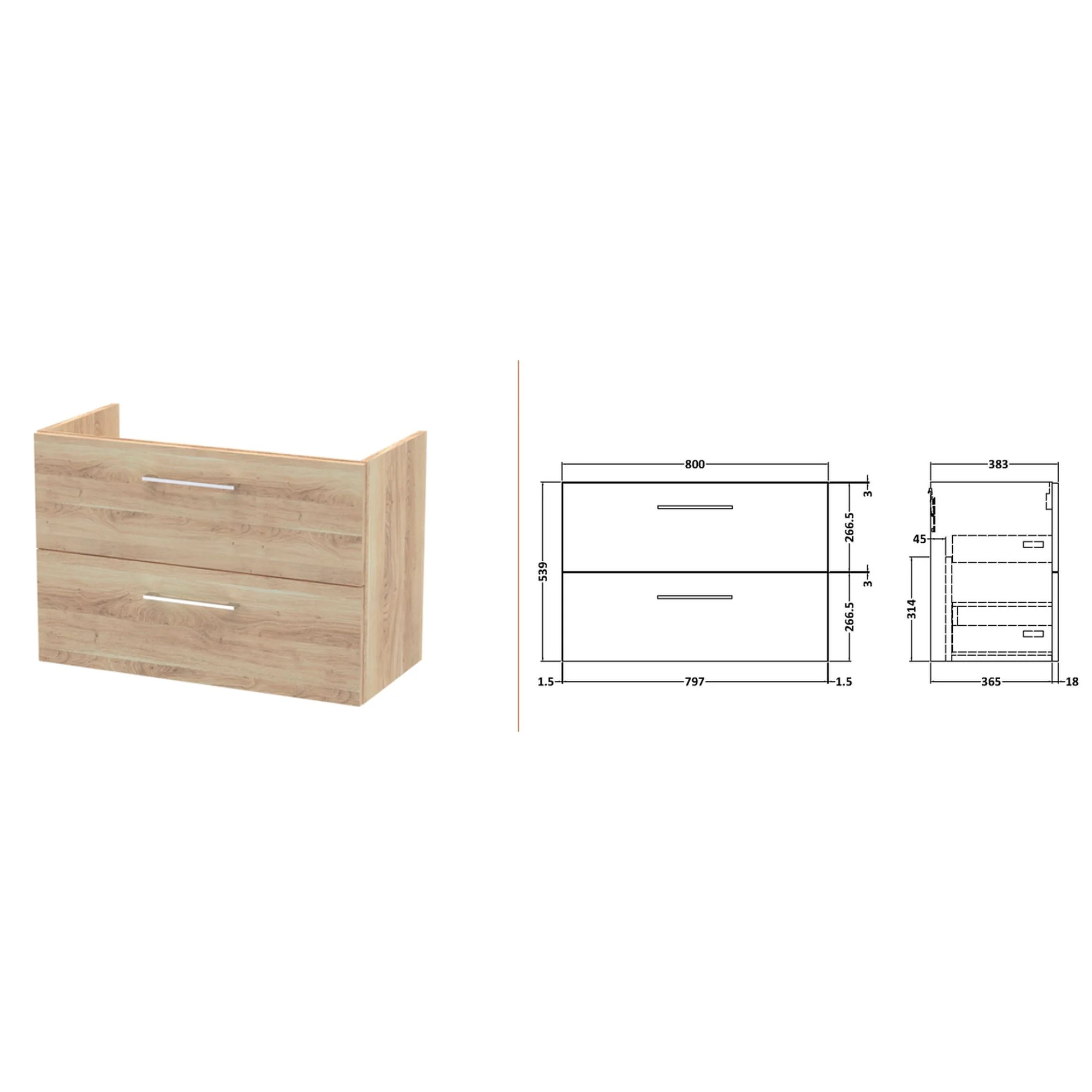 Nuie Arno 800mm Wall Hung 2-Drawer Vanity & Laminate Worktop - Bleached Oak - Image 4