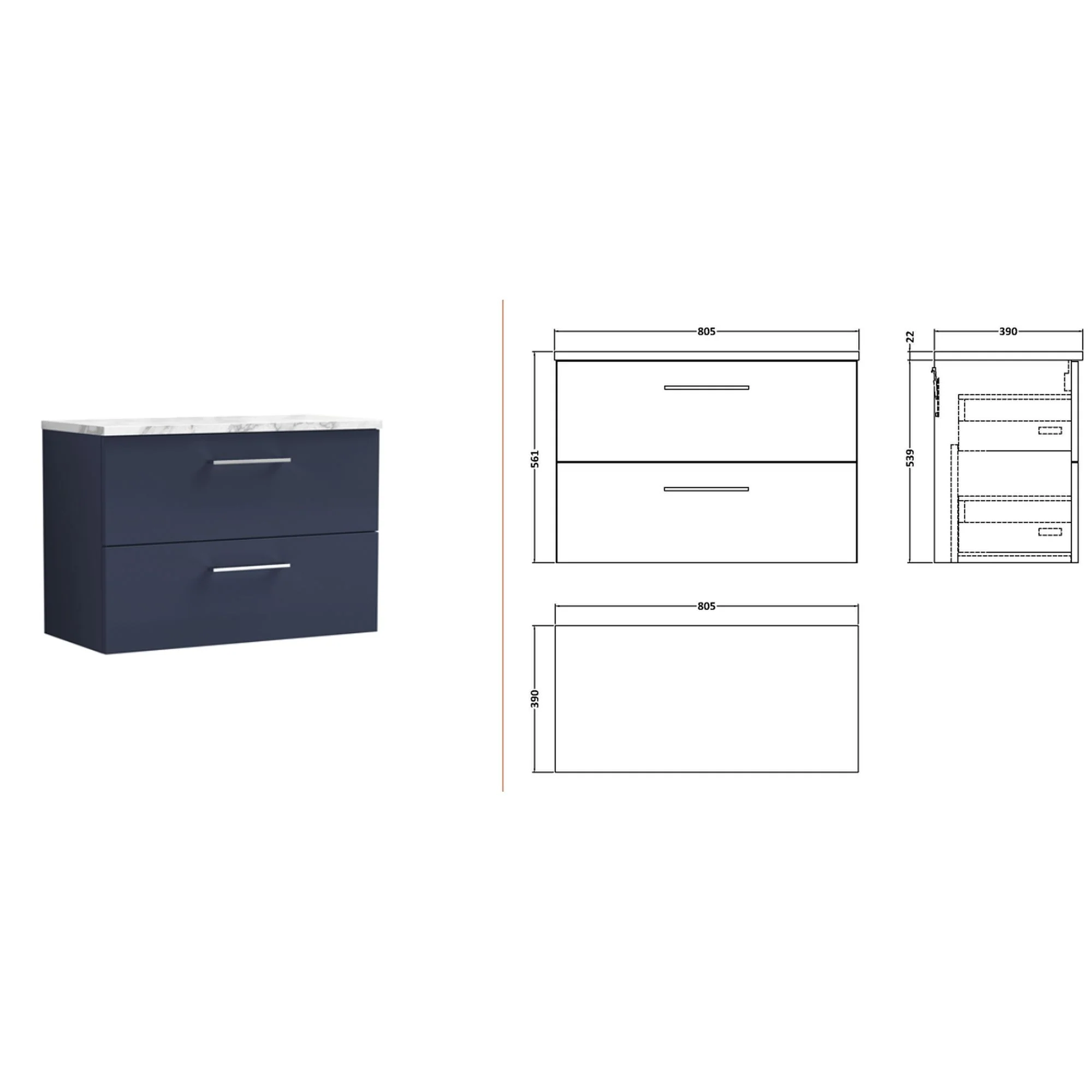 Nuie Arno 800mm Wall Hung 2-Drawer Vanity & Laminate Worktop - Midnight Blue - Image 2