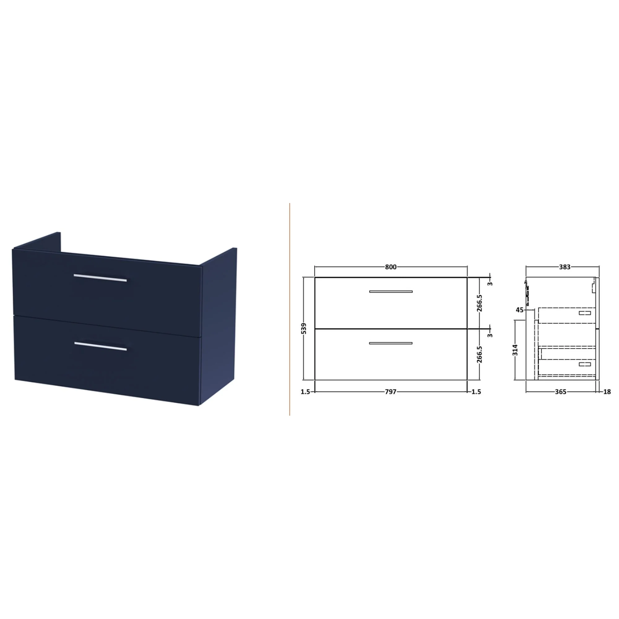 Nuie Arno 800mm Wall Hung 2-Drawer Vanity & Laminate Worktop - Midnight Blue - Image 4