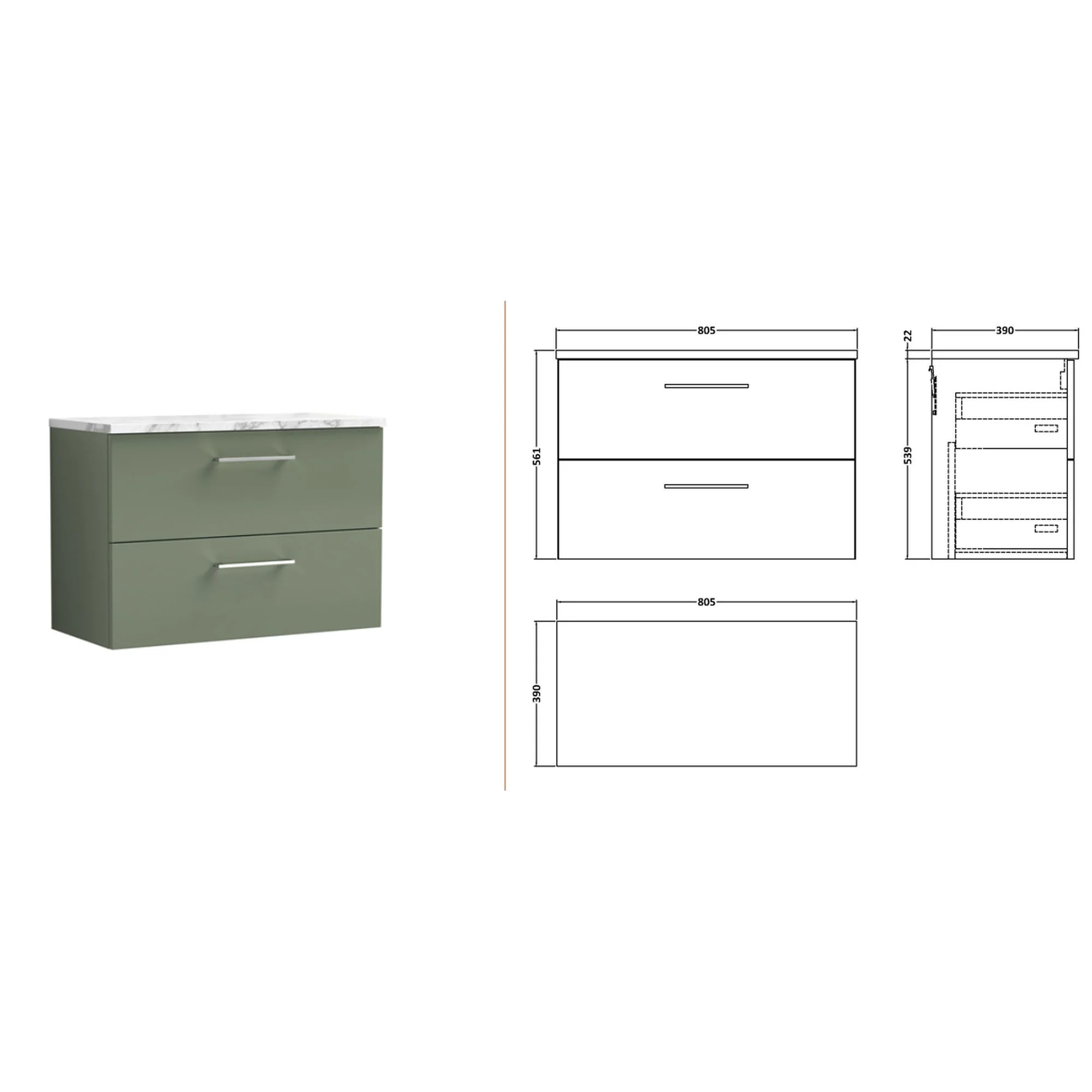 Nuie Arno 800mm Wall Hung 2-Drawer Vanity & Laminate Worktop - Satin Green - Image 2