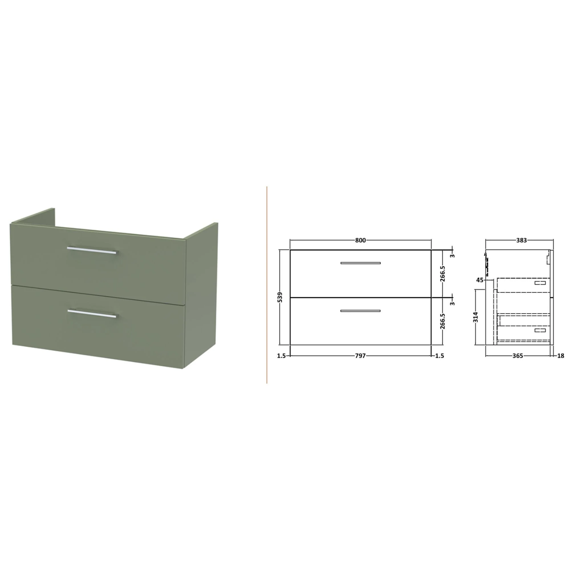 Nuie Arno 800mm Wall Hung 2-Drawer Vanity & Laminate Worktop - Satin Green - Image 4