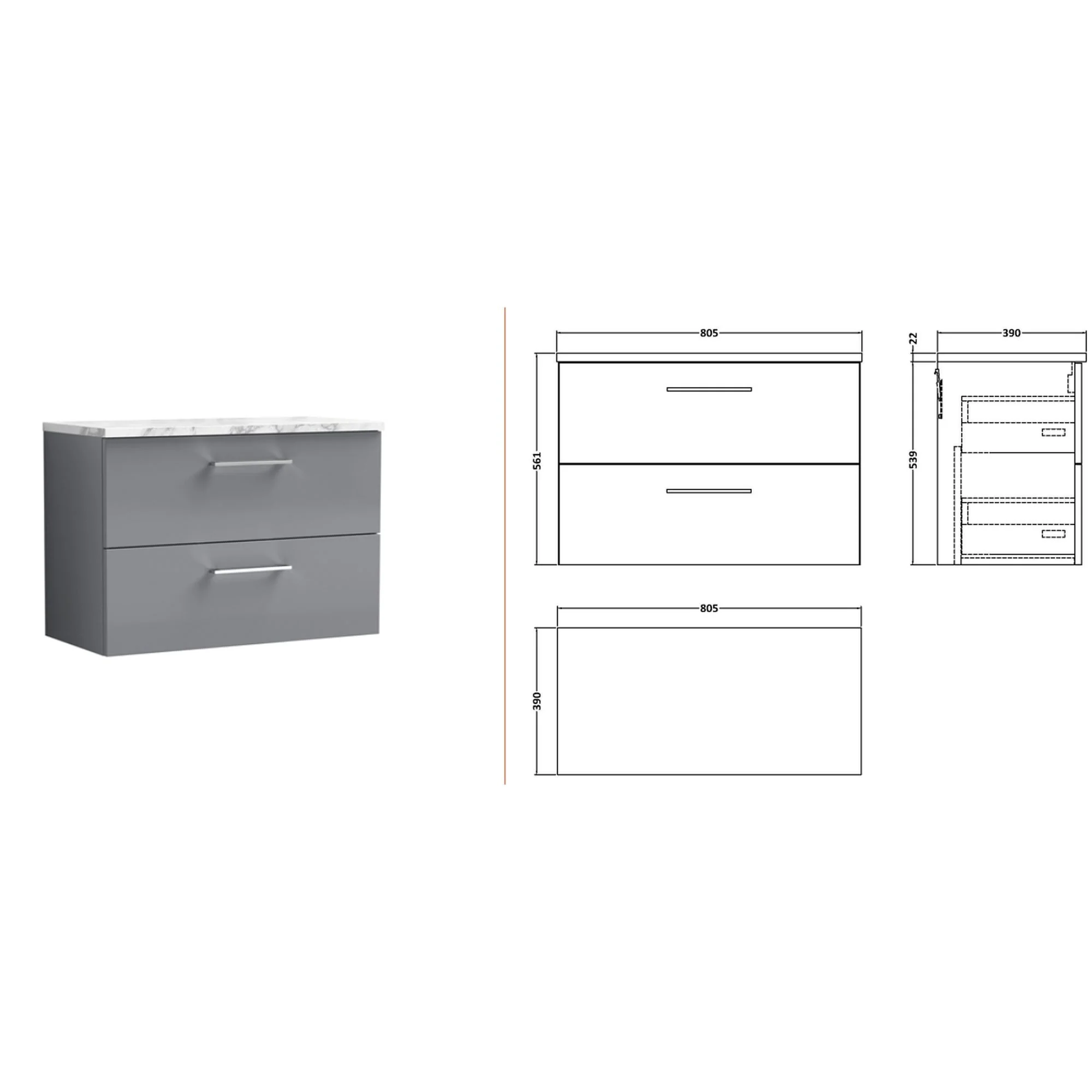 Nuie Arno 800mm Wall Hung 2-Drawer Vanity & Laminate Worktop - Satin Grey - Image 2