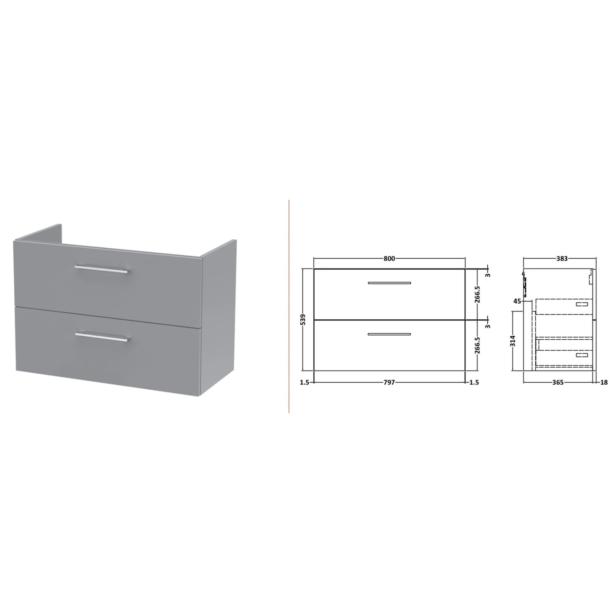 Nuie Arno 800mm Wall Hung 2-Drawer Vanity & Laminate Worktop - Satin Grey - Image 4