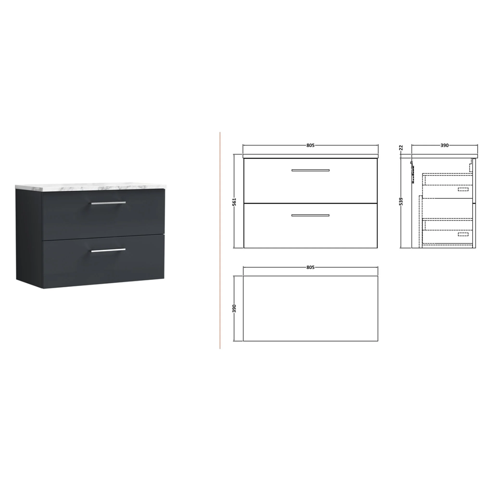 Nuie Arno 800mm Wall Hung 2-Drawer Vanity & Laminate Worktop - Soft Black - Image 2