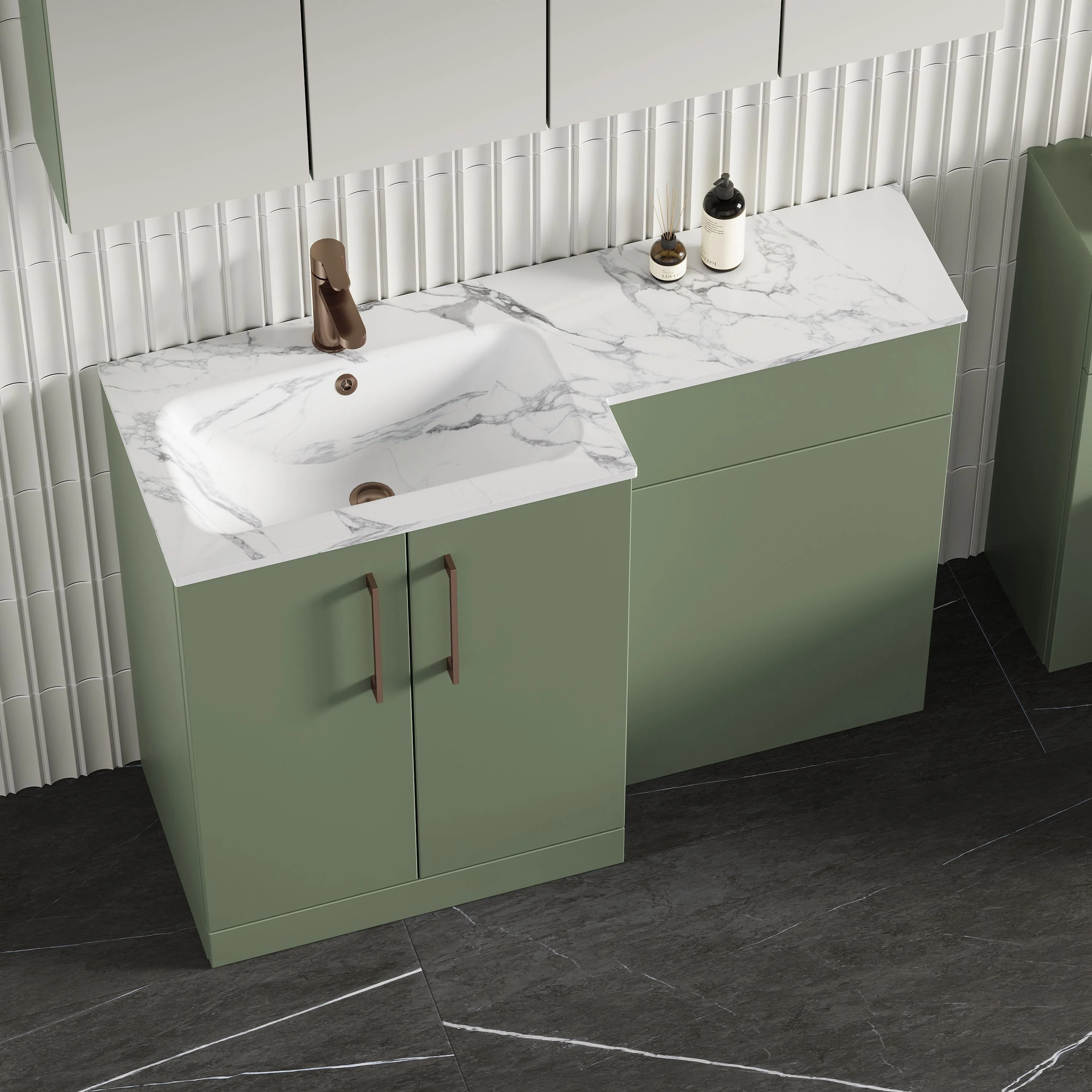 Nuie Arno L-Shaped 1100 Floor Standing Marble Basin Combination Unit - Satin Green with Brava Toilet - Image 3