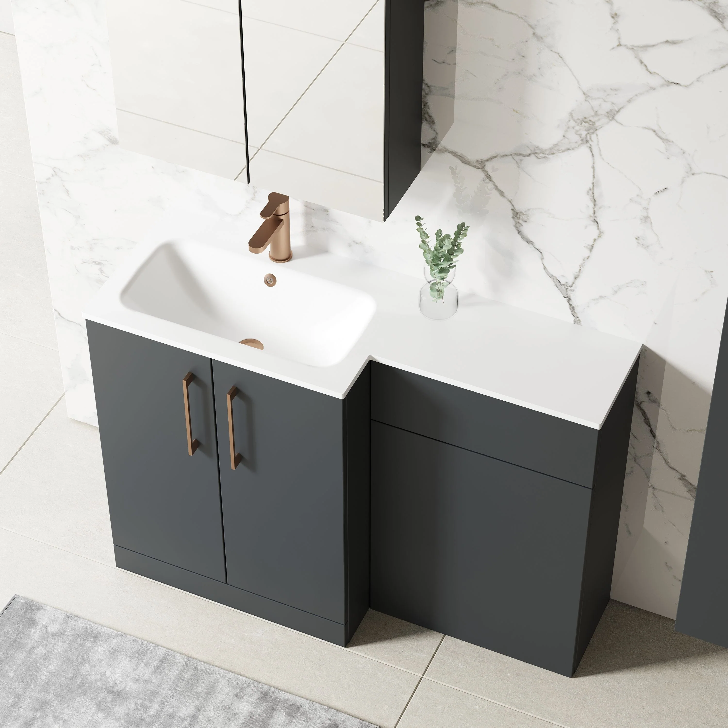 Nuie Arno Floor Standing 1100mm L Shape Combination Unit with Solid Stone Basin - Soft Black