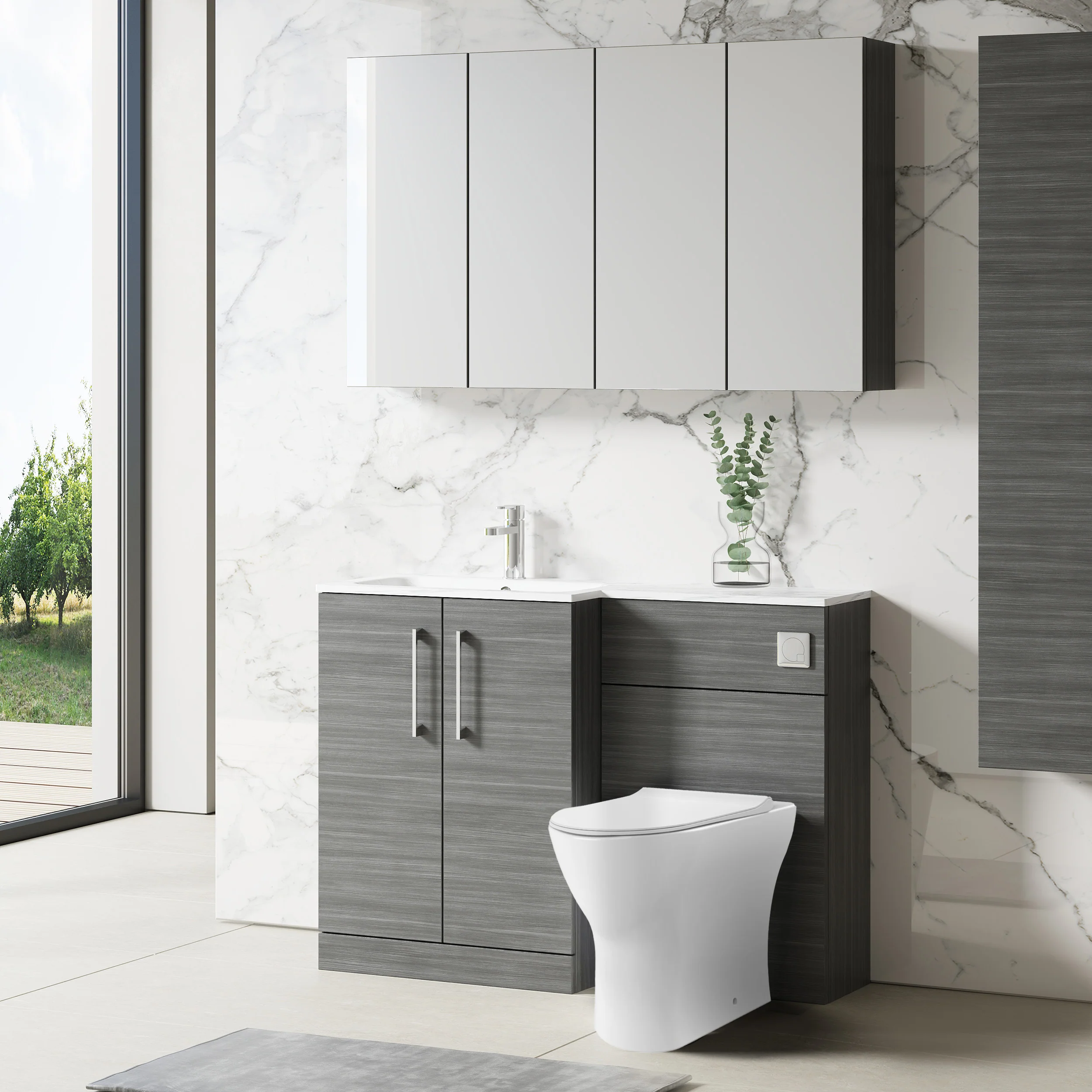 Nuie Arno L-Shaped 1100 Floor Standing Marble Stone Basin Combination Unit - Anthracite with Freya Toilet