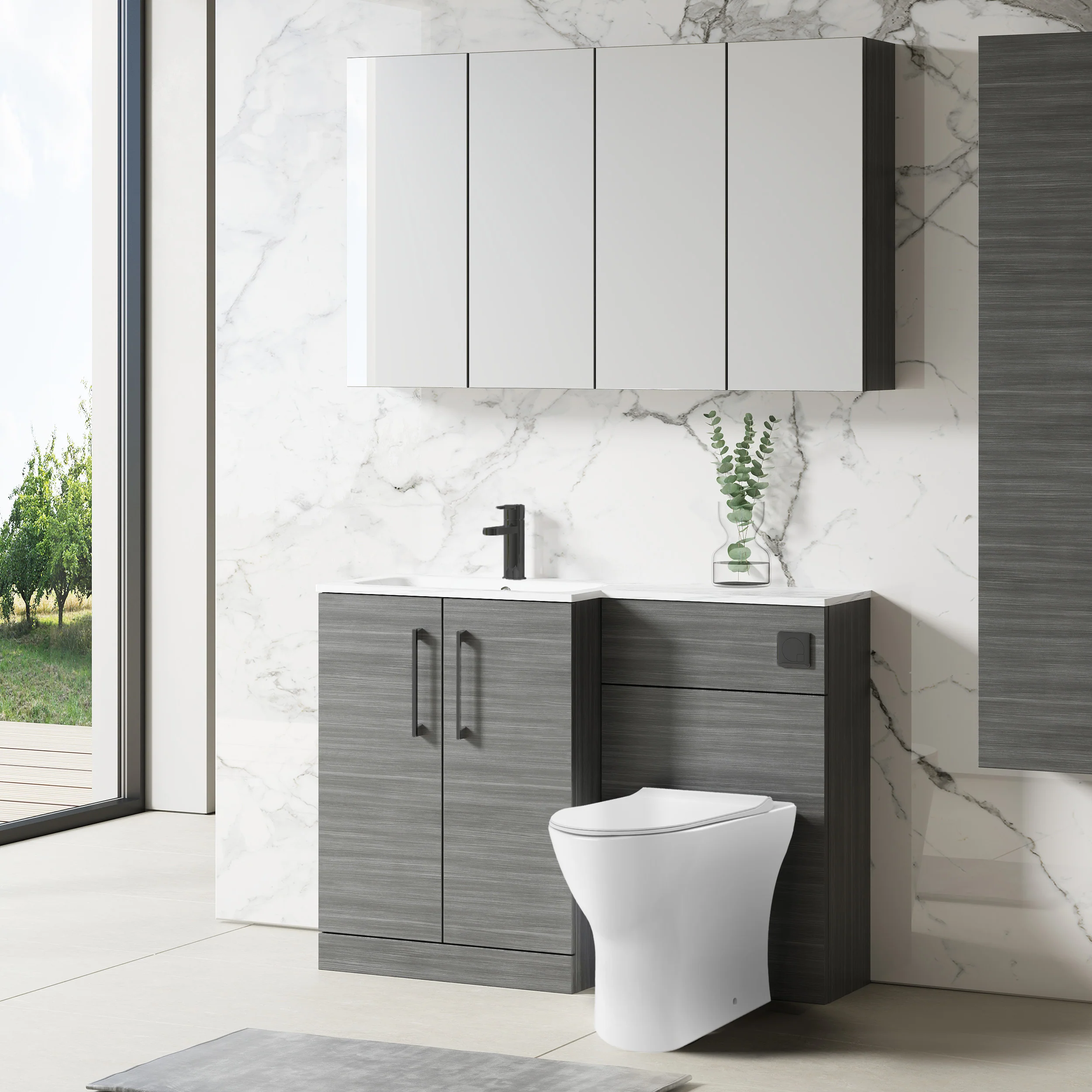 Nuie Arno L-Shaped 1100 Floor Standing Marble Stone Basin Combination Unit - Anthracite with Freya Toilet - Image 3