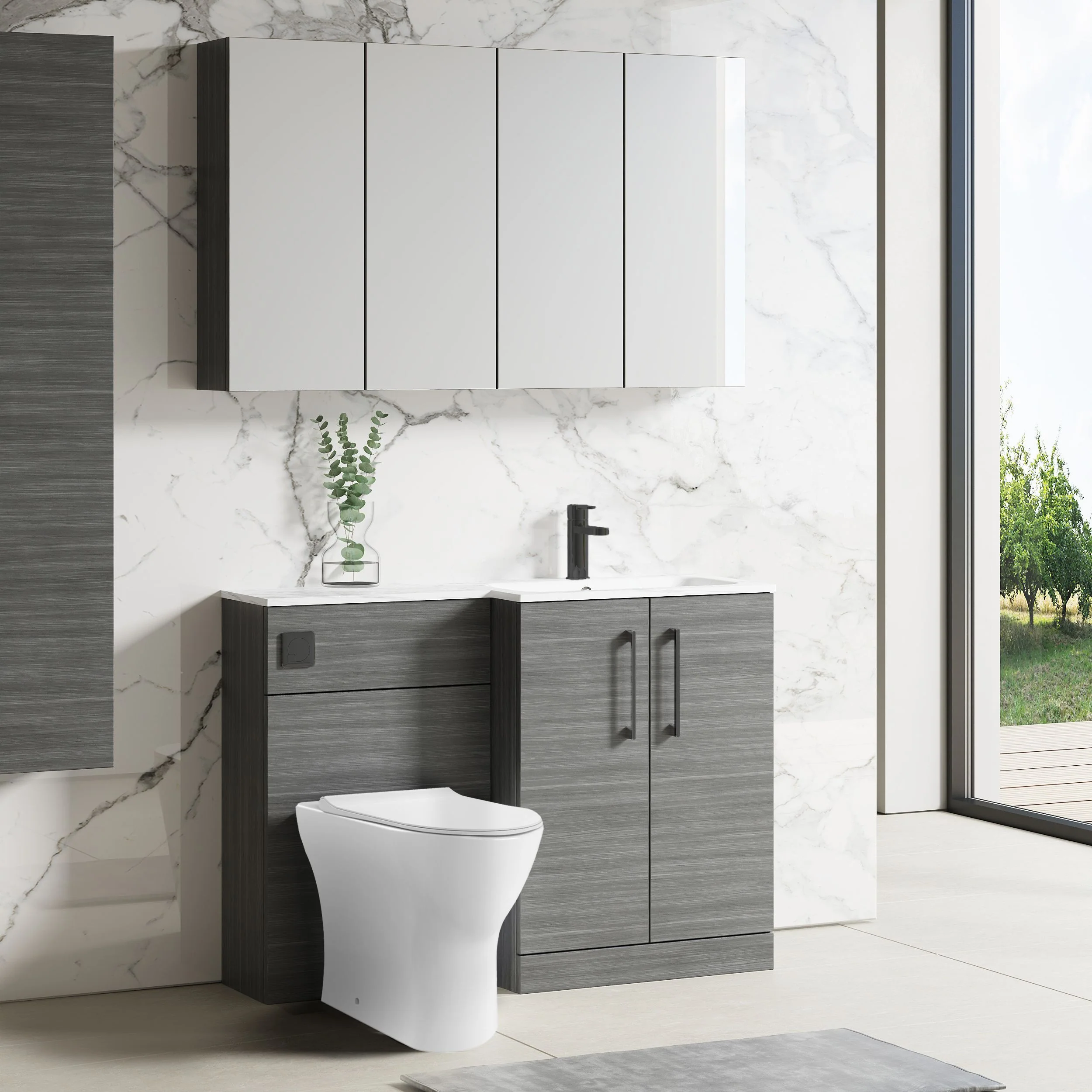 Nuie Arno L-Shaped 1100 Floor Standing Marble Stone Basin Combination Unit - Anthracite with Freya Toilet - Image 4