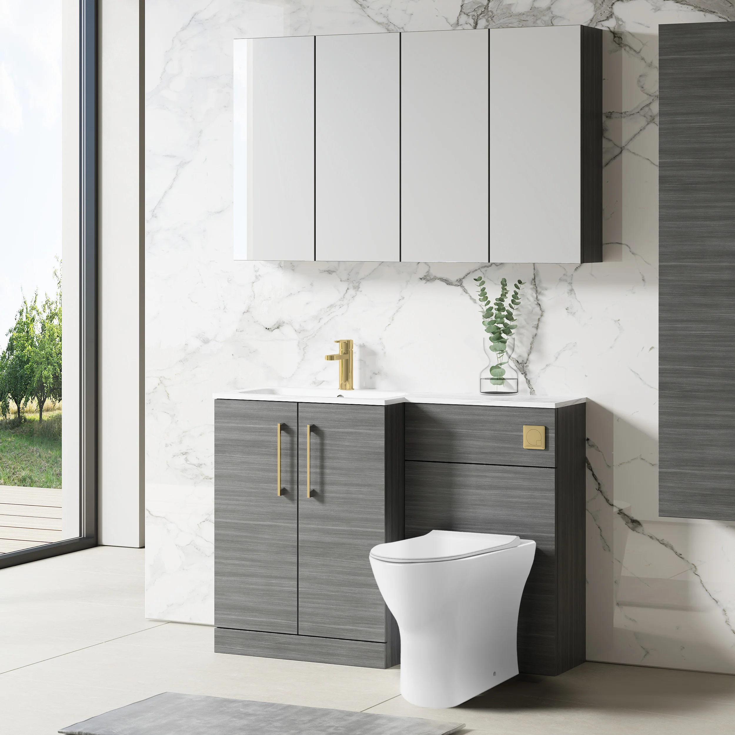 Nuie Arno L-Shaped 1100 Floor Standing Marble Stone Basin Combination Unit - Anthracite with Freya Toilet - Image 5