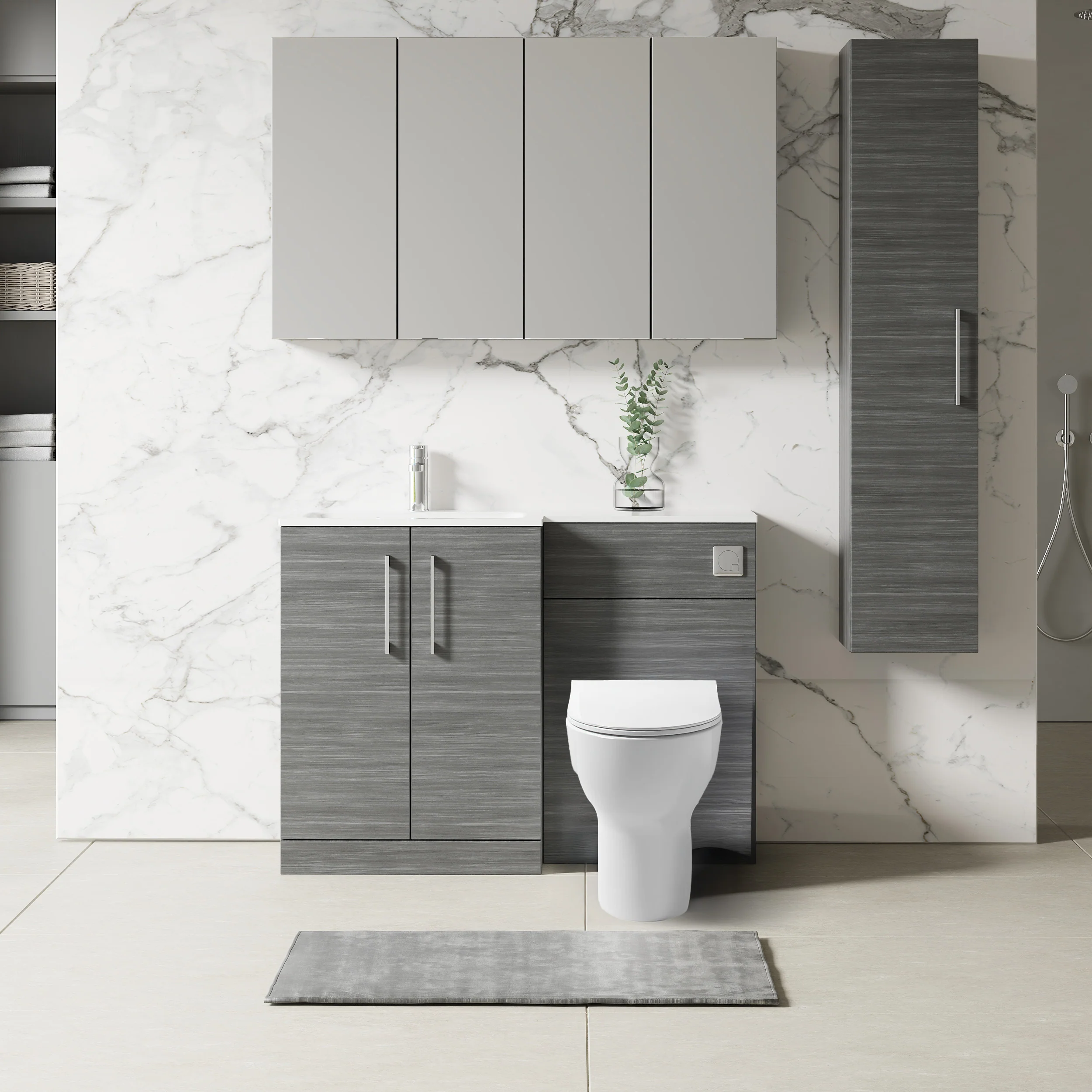 Nuie Arno L-Shaped 1100 Floor Standing Solid Stone Basin Combination Unit - Anthracite with Freya Toilet