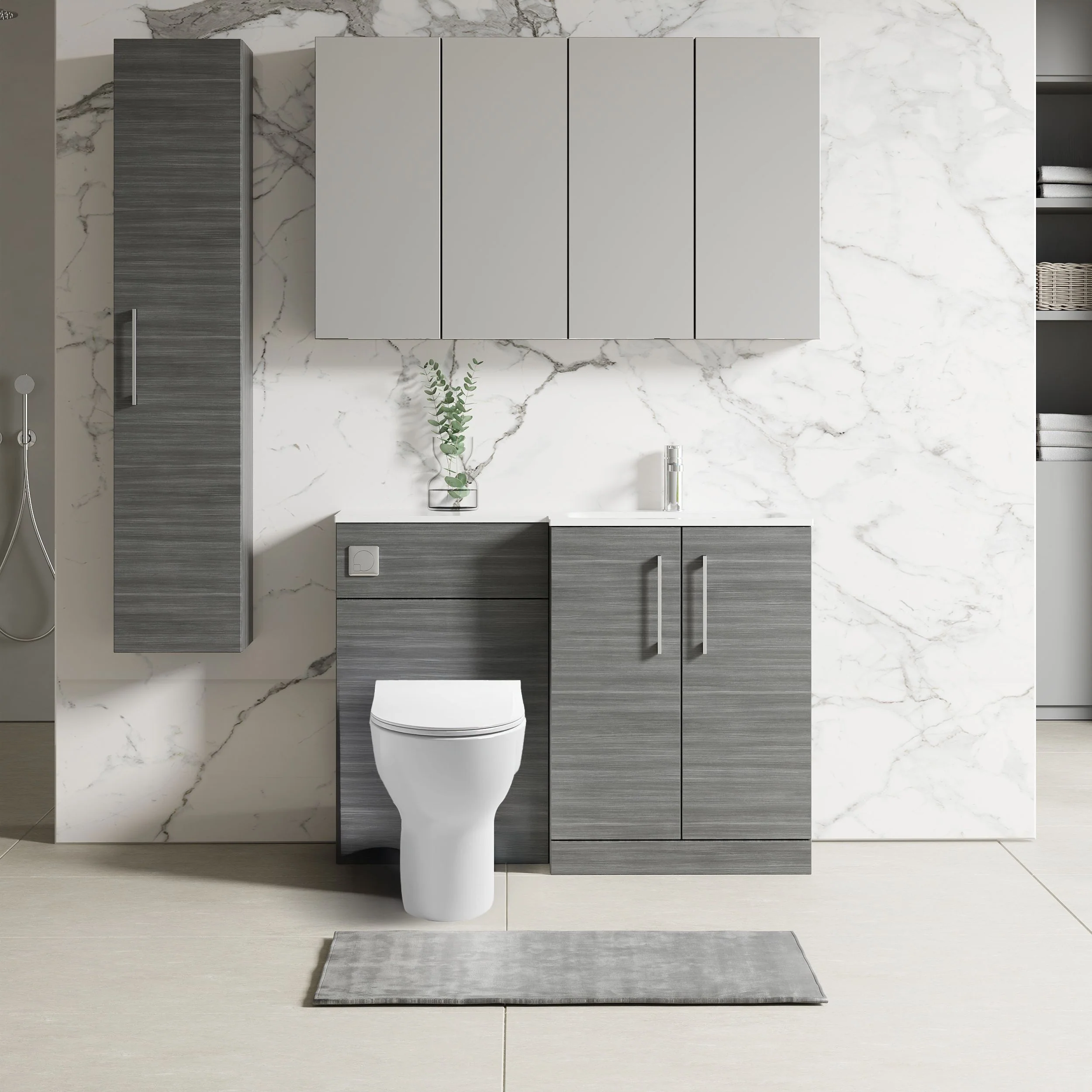 Nuie Arno L-Shaped 1100 Floor Standing Solid Stone Basin Combination Unit - Anthracite with Freya Toilet - Image 2