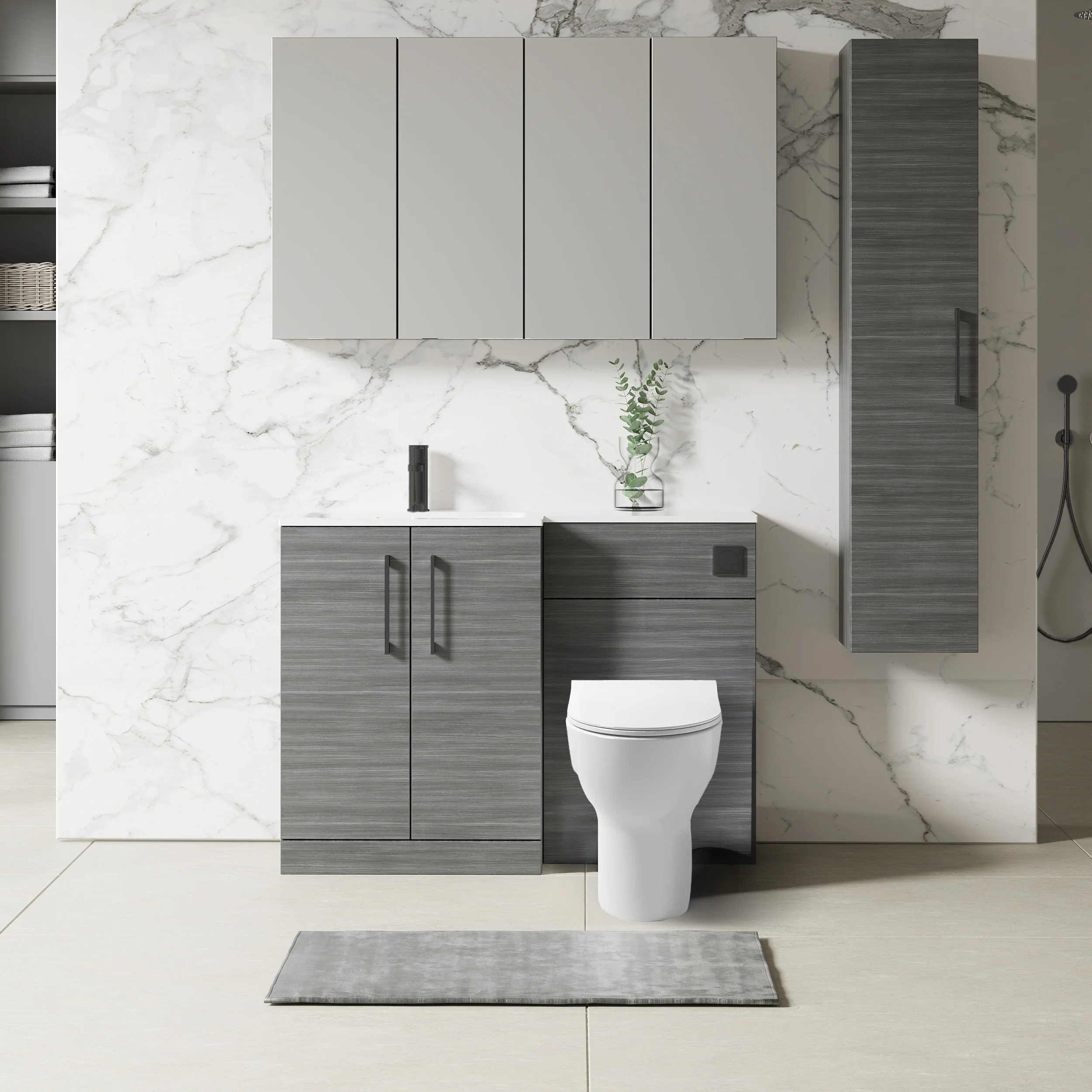 Nuie Arno L-Shaped 1100 Floor Standing Solid Stone Basin Combination Unit - Anthracite with Freya Toilet - Image 3