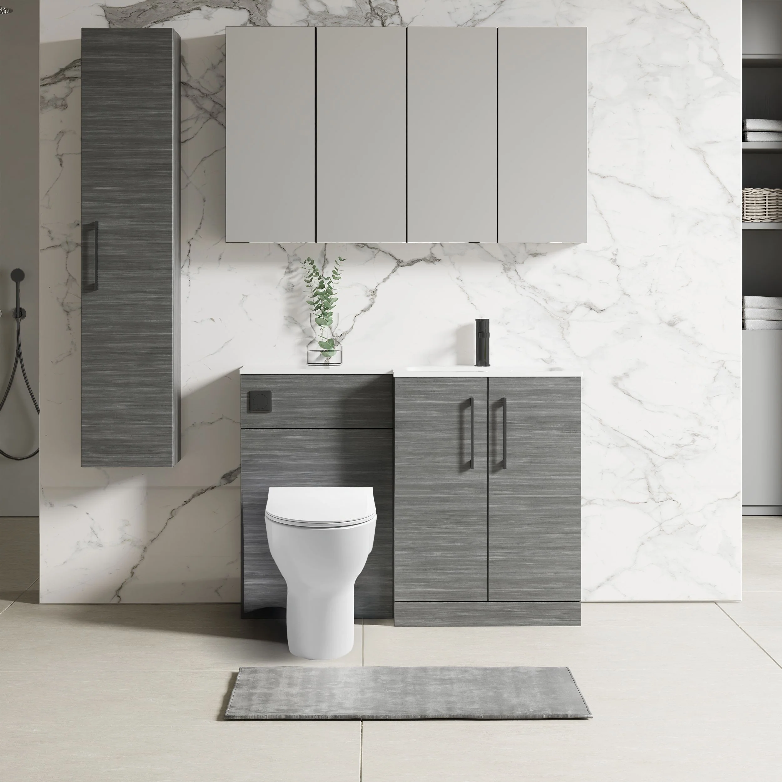 Nuie Arno L-Shaped 1100 Floor Standing Solid Stone Basin Combination Unit - Anthracite with Freya Toilet - Image 4