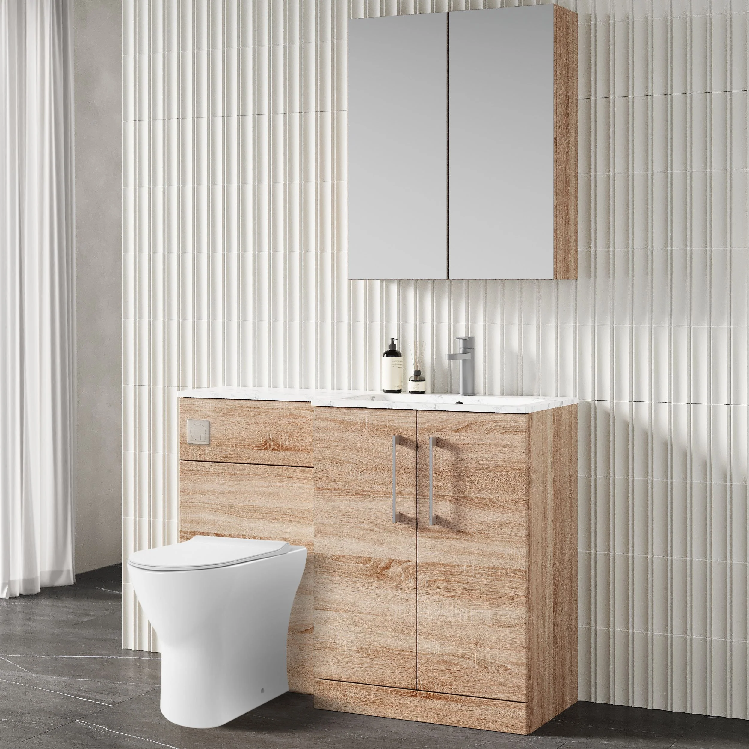 Nuie Arno L-Shaped 1100 Floor Standing Marble Stone Basin Combination Unit - Bleached  Oak with Freya Toilet - Image 2