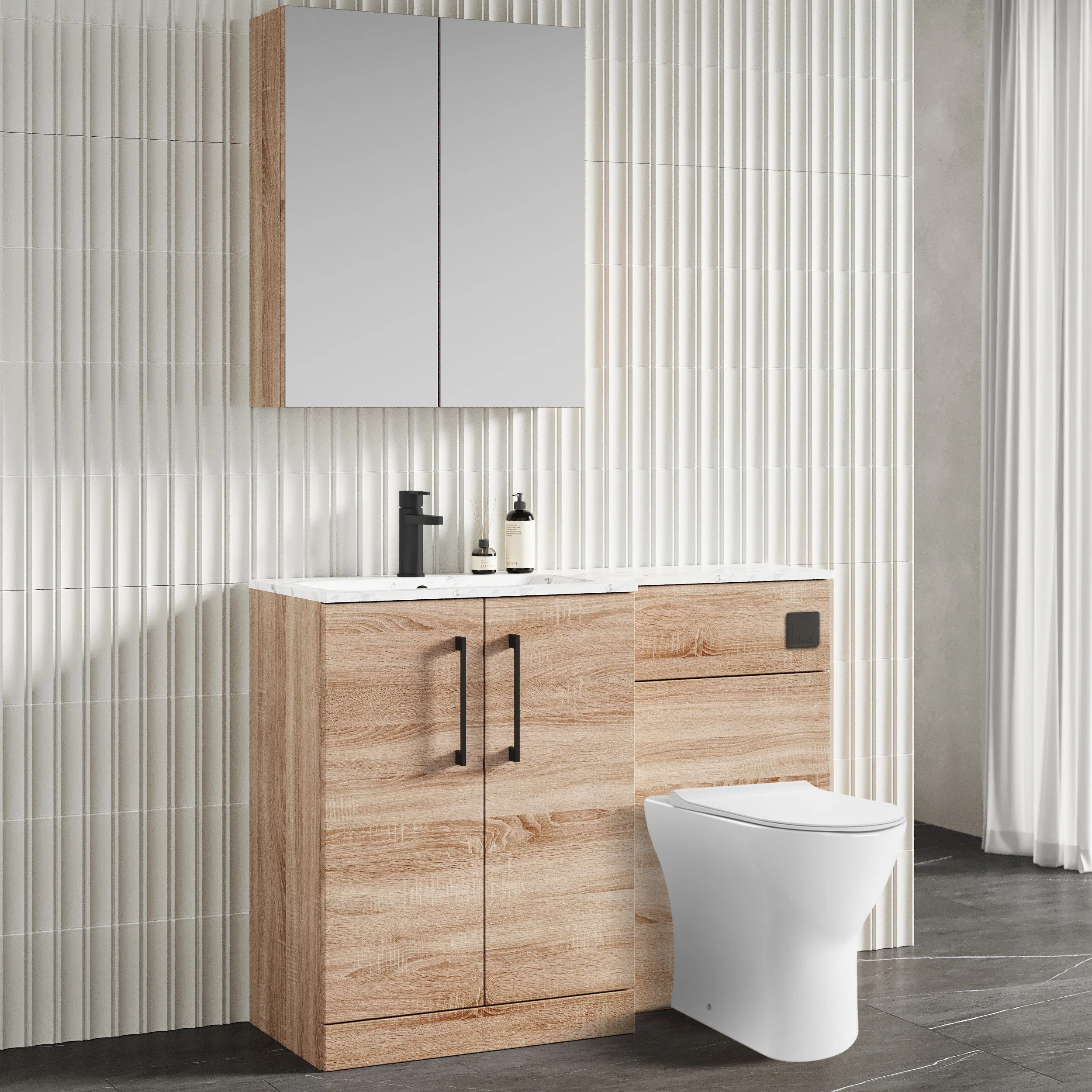 Nuie Arno L-Shaped 1100 Floor Standing Marble Stone Basin Combination Unit - Bleached  Oak with Freya Toilet - Image 3