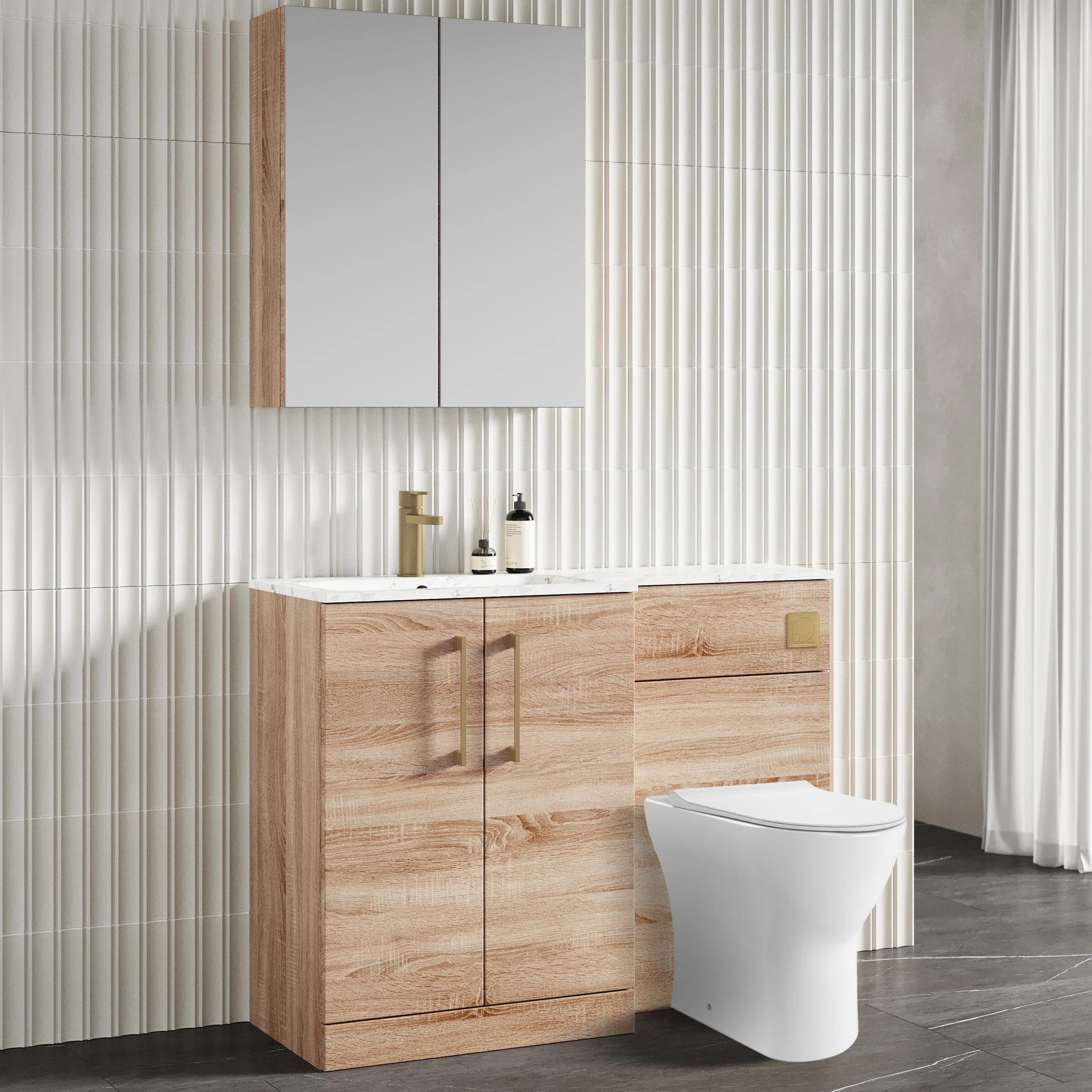 Nuie Arno L-Shaped 1100 Floor Standing Marble Stone Basin Combination Unit - Bleached  Oak with Freya Toilet - Image 5